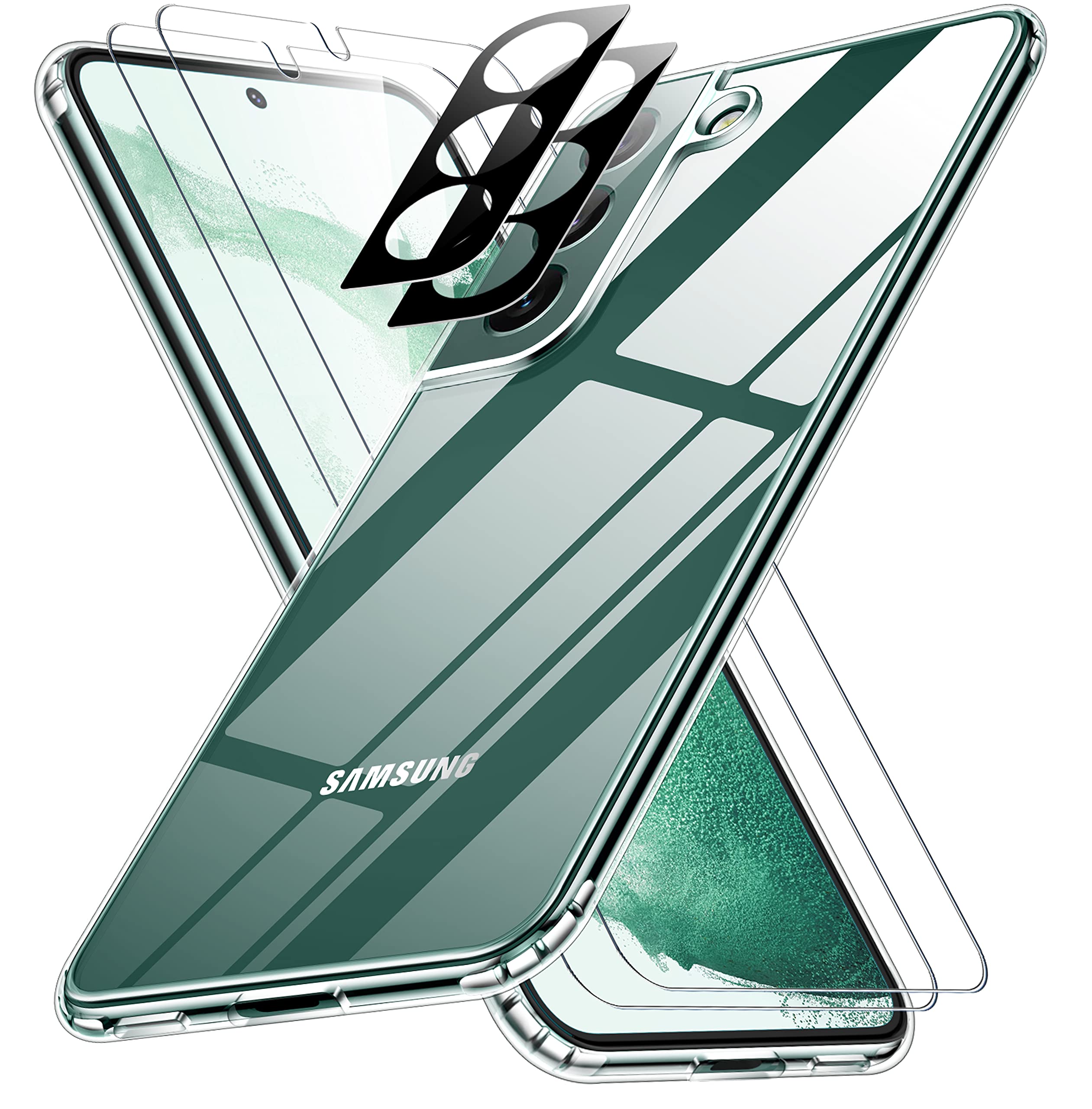Spidercase For Samsung Galaxy S22 Case, [Crystal Clear Non Yellowing] Non Slip [2 Pack] Tempered Glass Screen Protector+Camera L