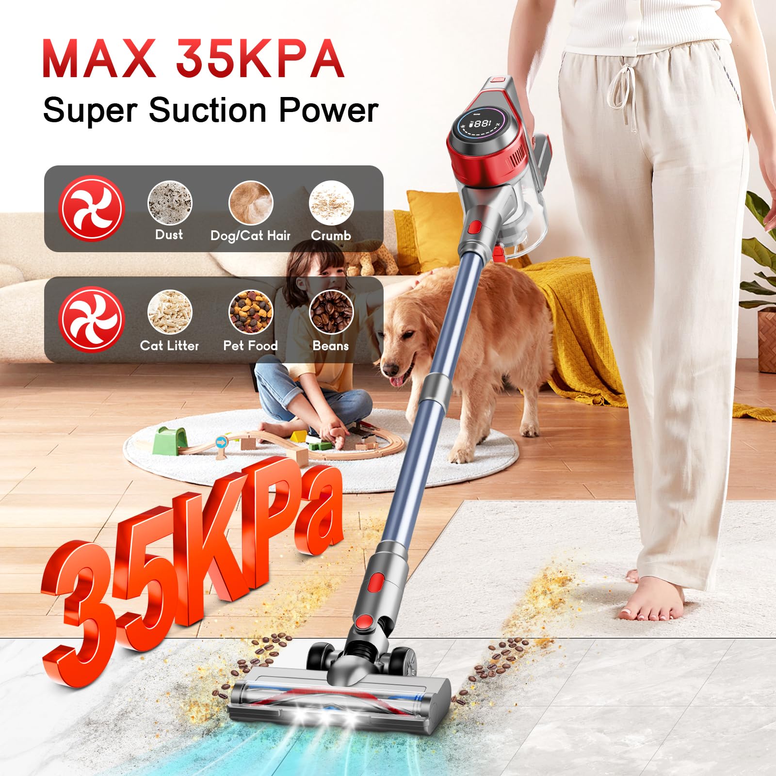 Bsnaw Cordless Stick Vacuum Cleaner   Rechargeable, 35Kpa Powerful Vacuums With Detachable Battery Display, Max 45Mins Runtime,