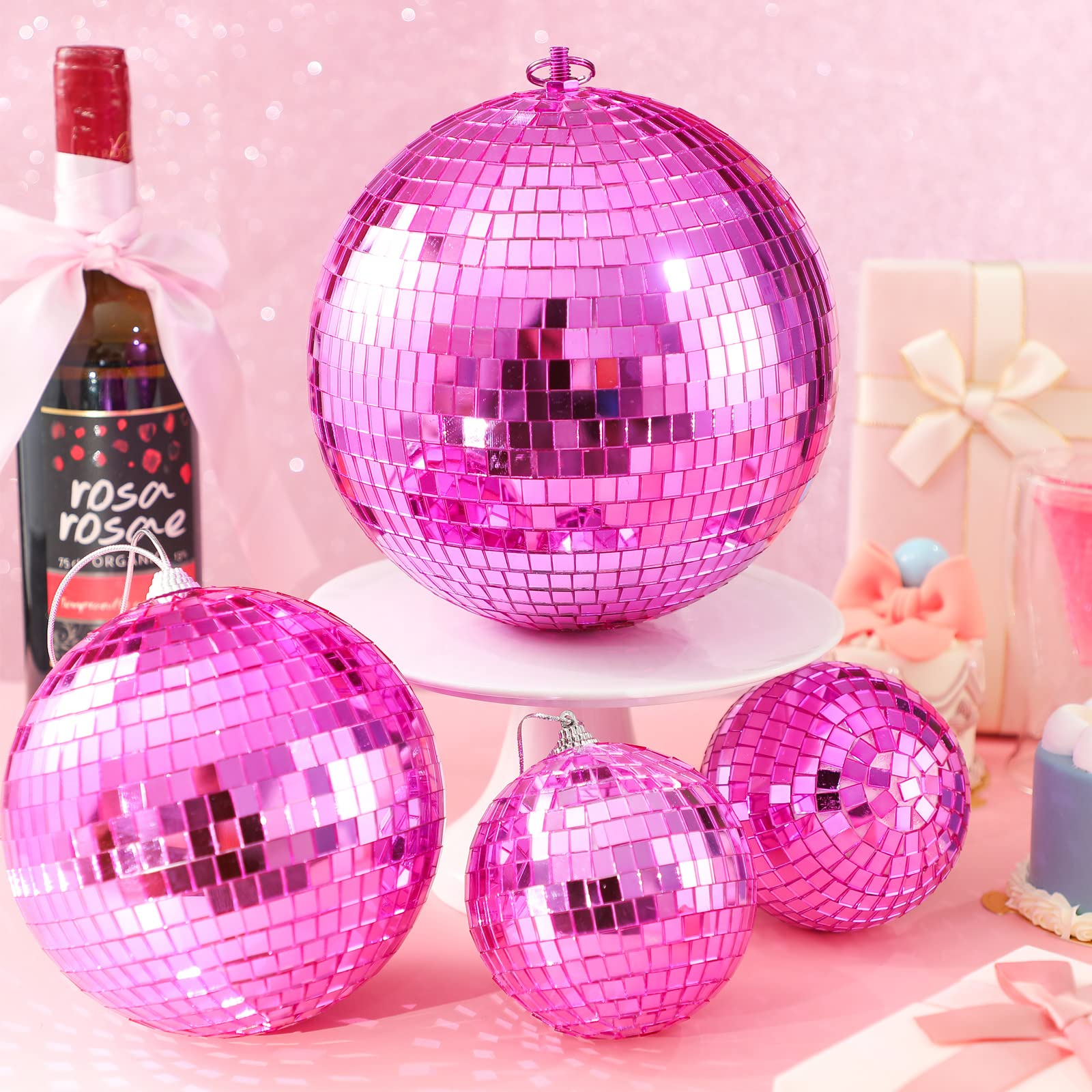 4 Pcs Large Pink Disco Ball Mirror Disco Ball 70S Mellow Pink Disco Ball Hanging Disco Ball Stage Lightning Effect Ball For 70S