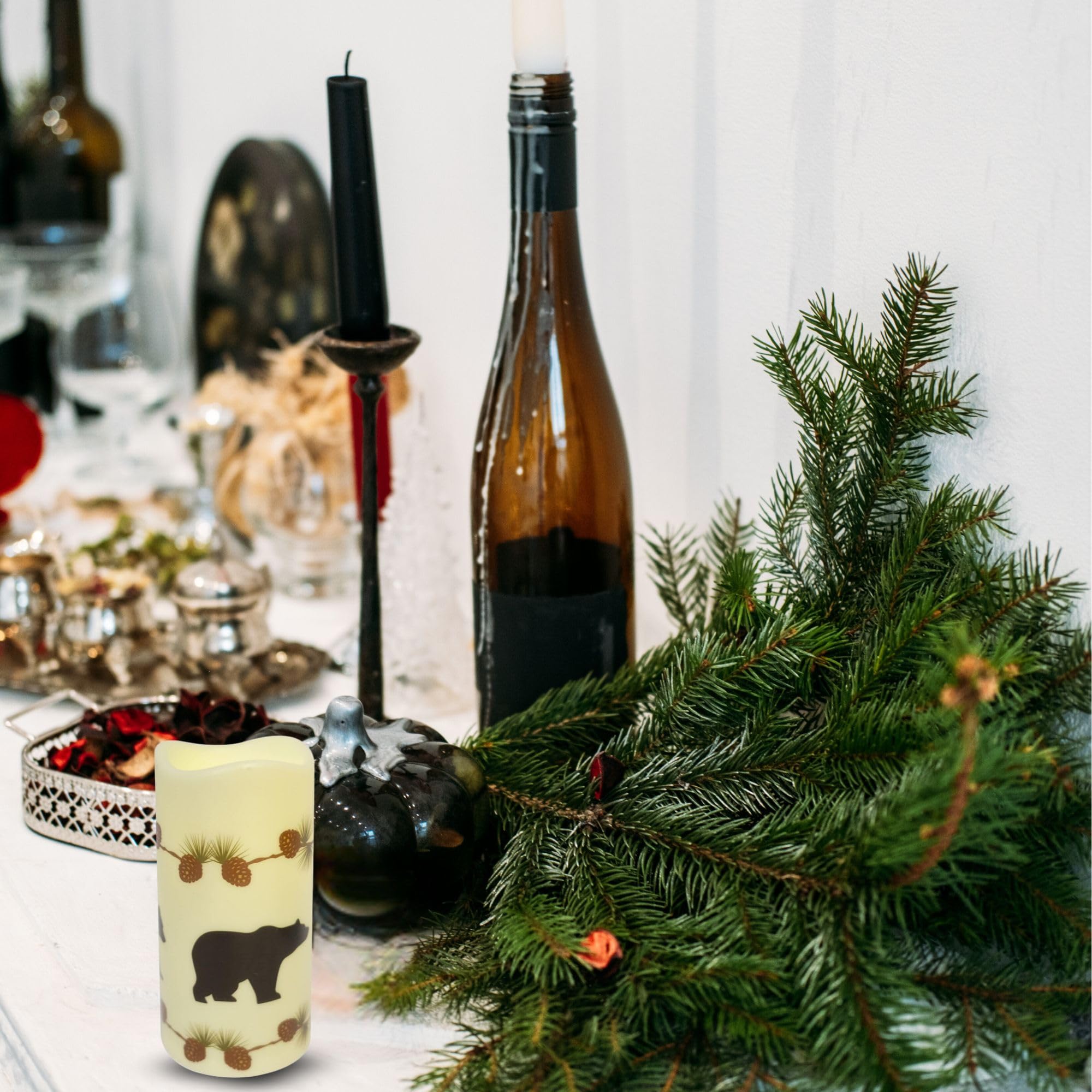 Bestgiftever Battery Operated Flameless Candle With Bear And Pinecone Design   Decorative Led Candle Light For Rustic Decor And