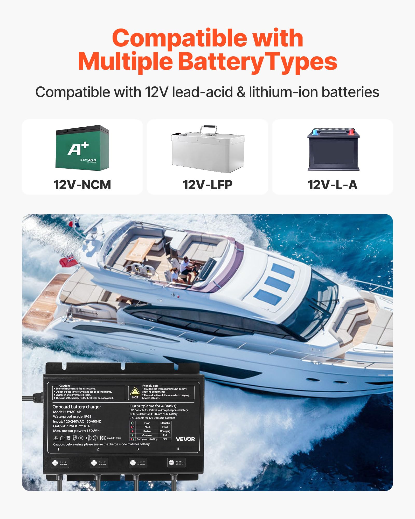 Vevor Marine Battery Charger, 4-Bank, 10A X 4, 12V Onboard Battery Charger, Ip68 Waterproof Smart Boat Charger, For Lithium-Ion