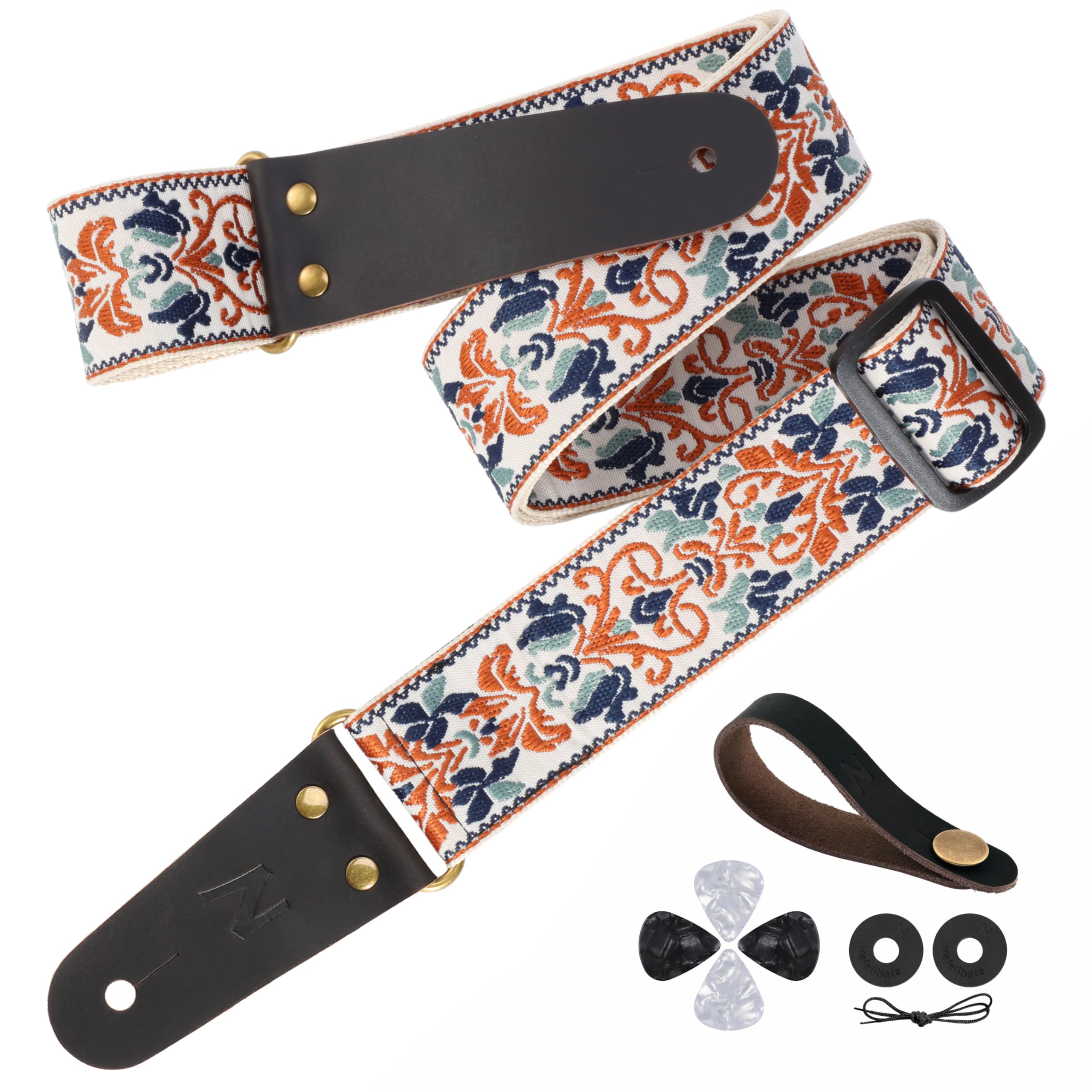 Nefelibata Guitar Strap, 2 Jacquard Embroidery Guitar Straps, Full Grain Leather Ends with Invisible Pocket, for Bass, Electric 