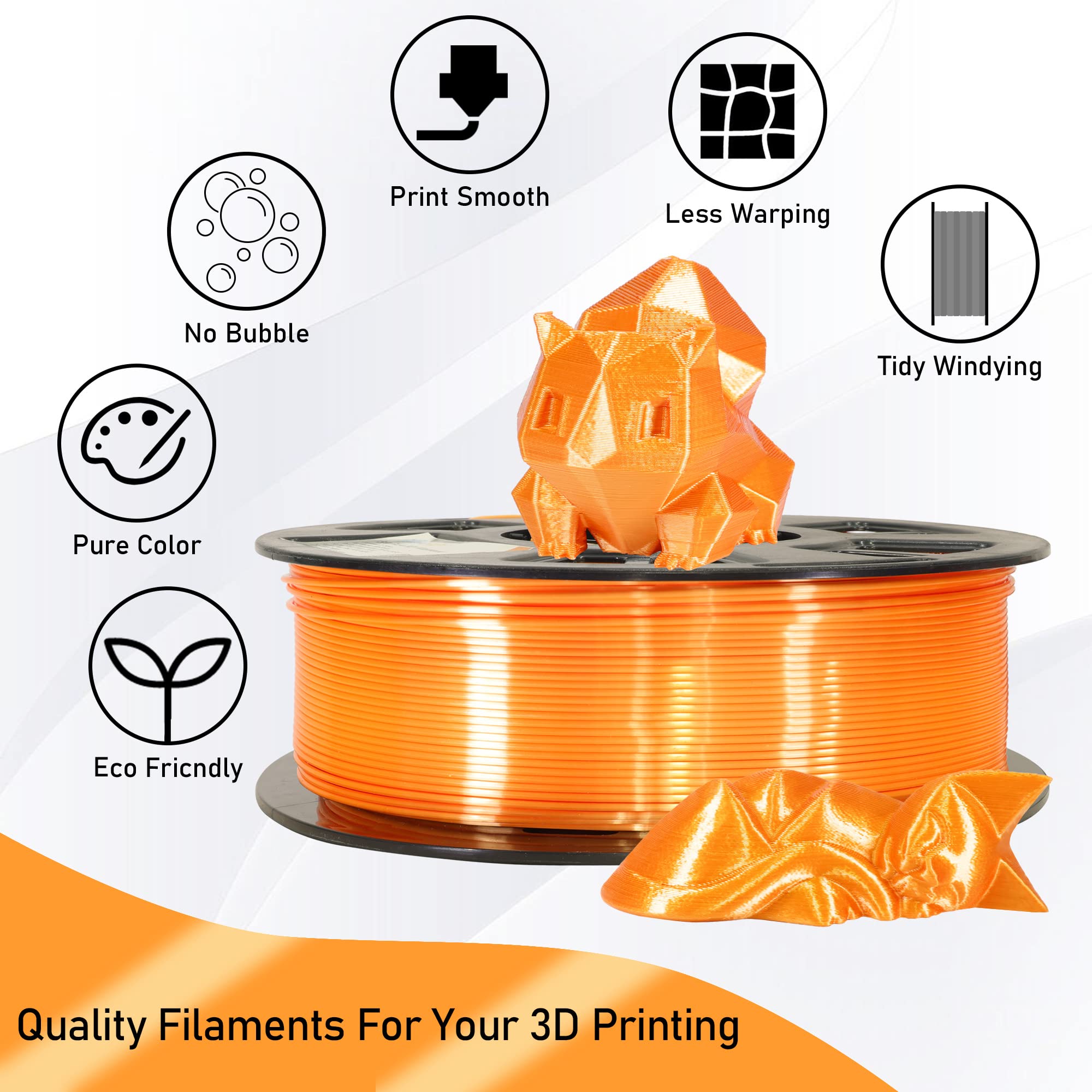 Silk Orange Shiny Pla 3D Printing Filament, 1Kg 2.2Lbs 1.75Mm 3D Print Material With High Diameter Accuracy, Neatly Wound Silk P