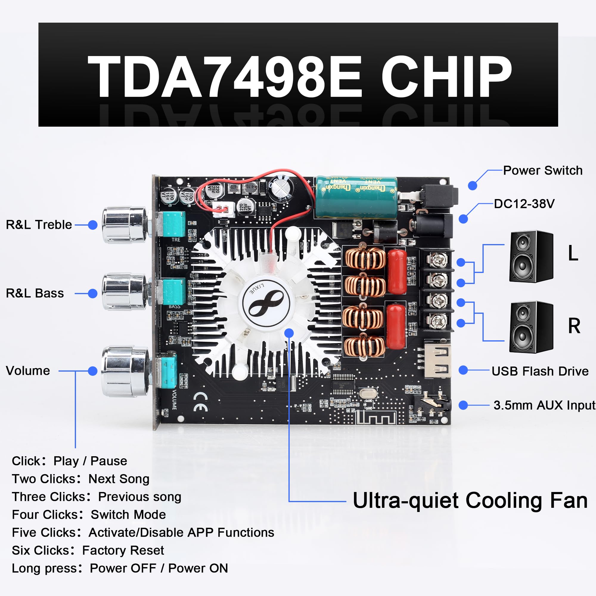 160W+160W Amplifier Board With Treble And Bass Control, Dc 12 36V, Bt And Aux Inputs, 2.0 Channel Stereo Amp Board For Diy Wirel
