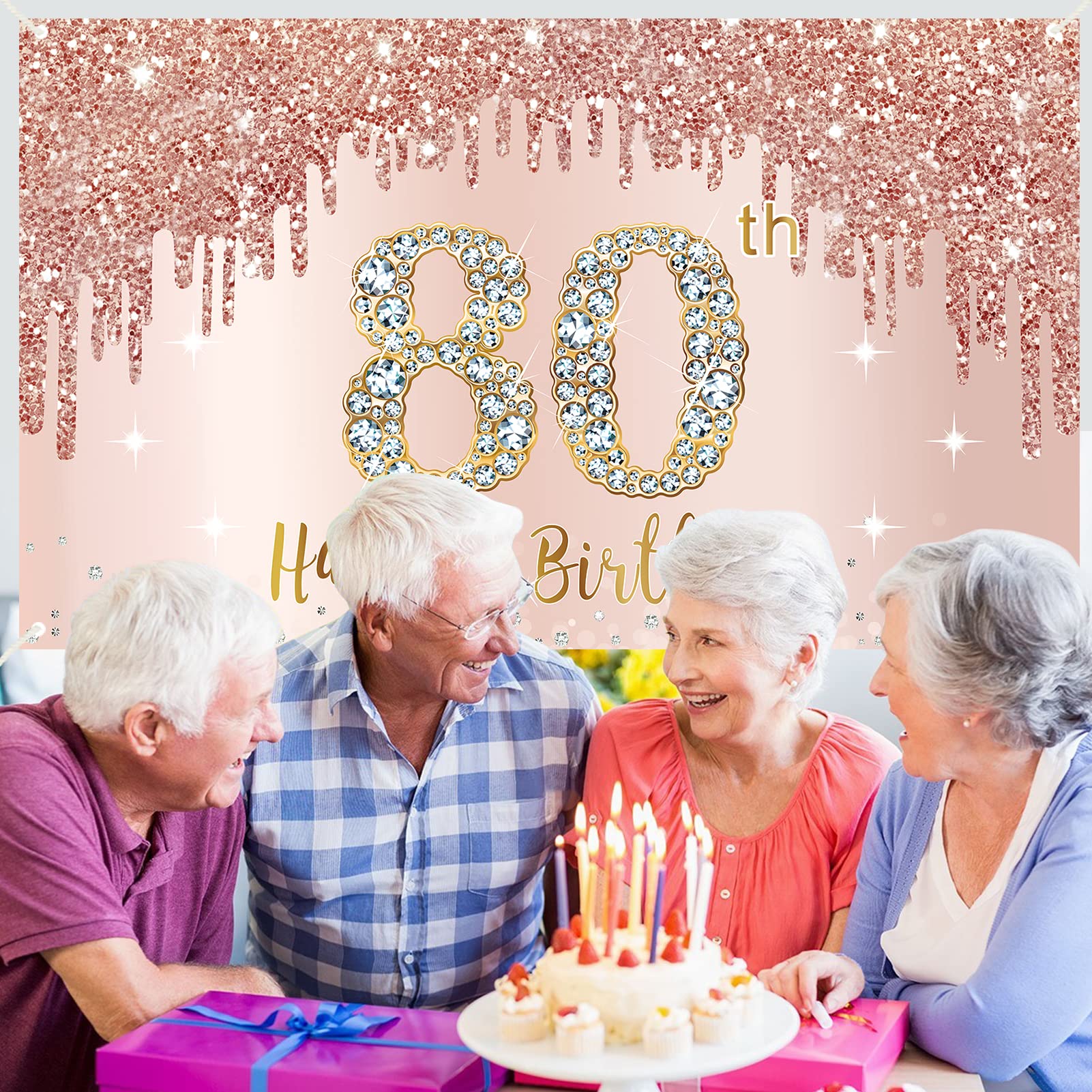 Happy 80Th Birthday Banner Backdrop Decorations For Women, Rose Gold 80 Birthday Party Sign Supplies, Pink 80 Year Old Birthday