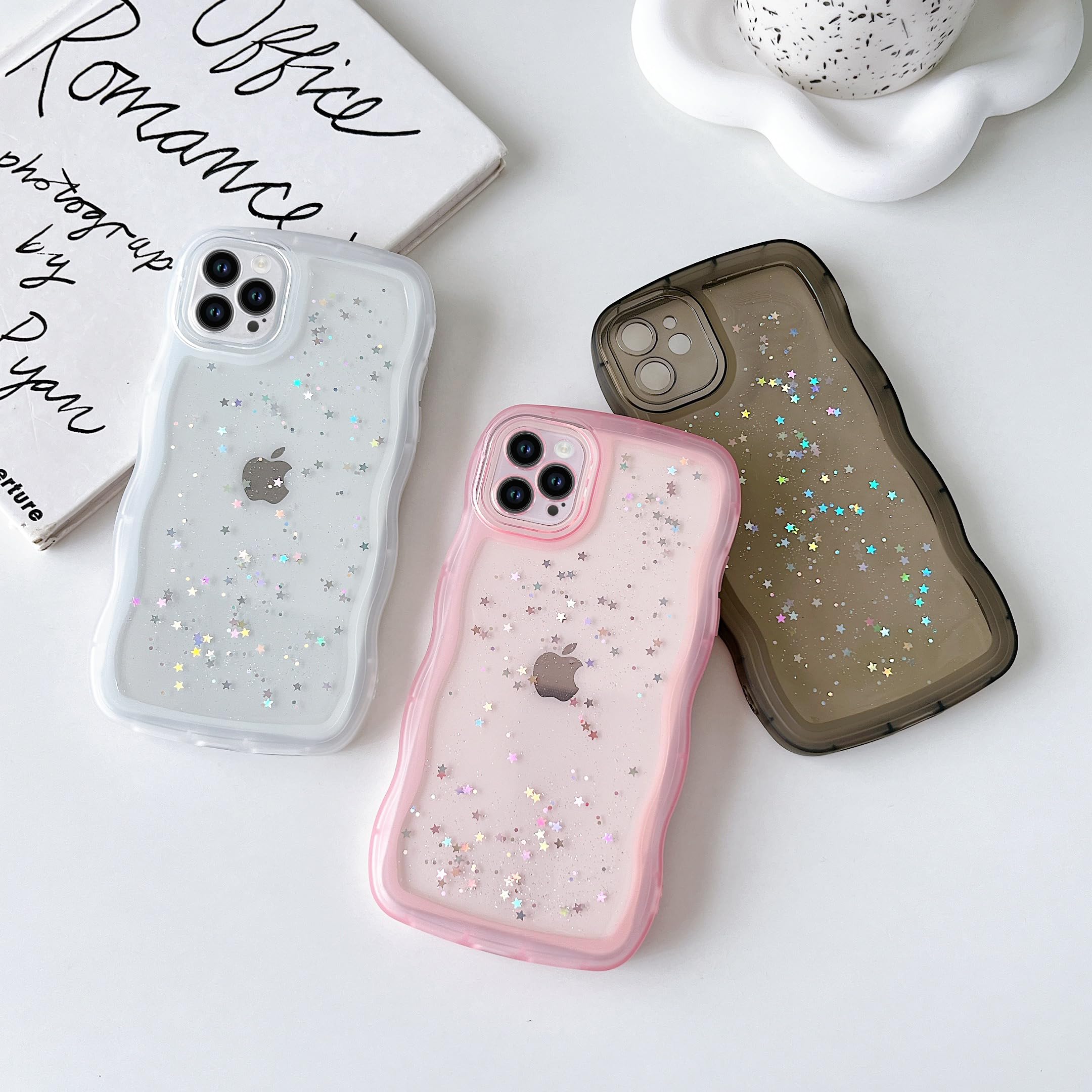 Qokey For Iphone 12 Pro Max Case 6.7'' Curly Wave Design Edge Transparent Bling Glitter Star Shiny Case Cute Clear Transparent F