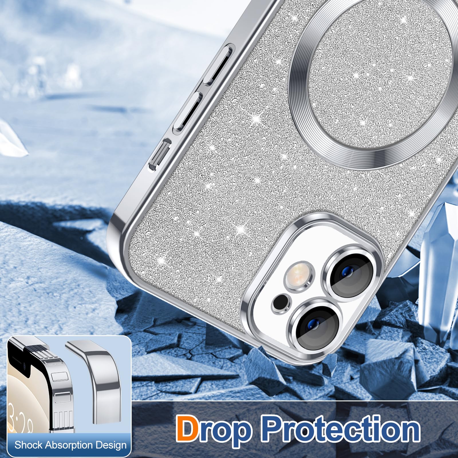 Hython For Iphone 12 Case Glitter, Clear Magnetic Phone Cases With Camera Lens Protector [Compatible With Magsafe] Bling Sparkle