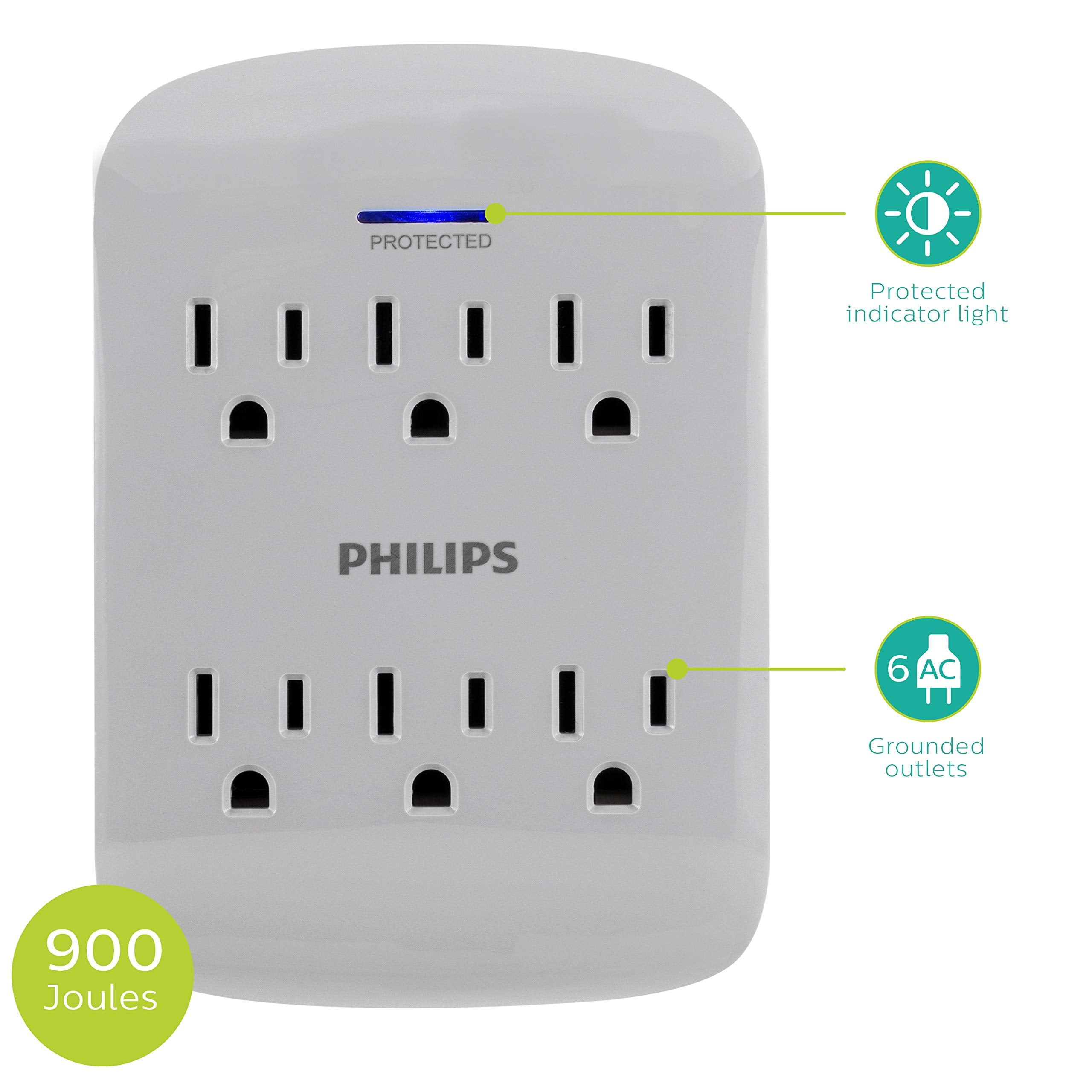 Philips Philips 6 Outlet Extender Surge Protector, 900 Joules, 3 Prong, Space Saving Design, Protection Indicator Led Light, 1 P