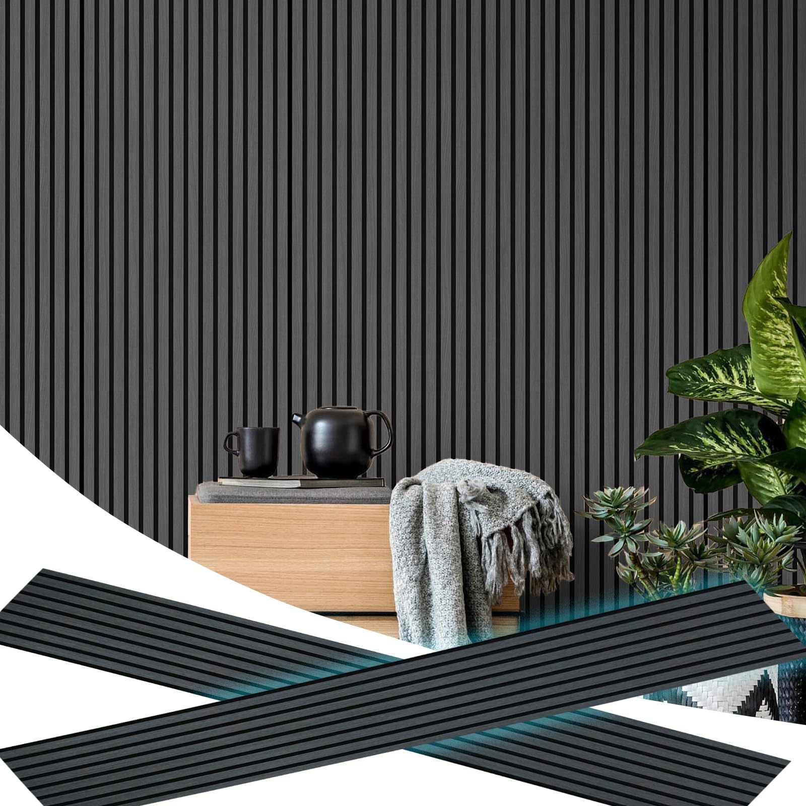 E Hao 2 Piece Wood Slat Acoustic Panels For Stylish Decor And Noise Reduction, 3D Textured Panel For Ceiling And Wall   Black Oa