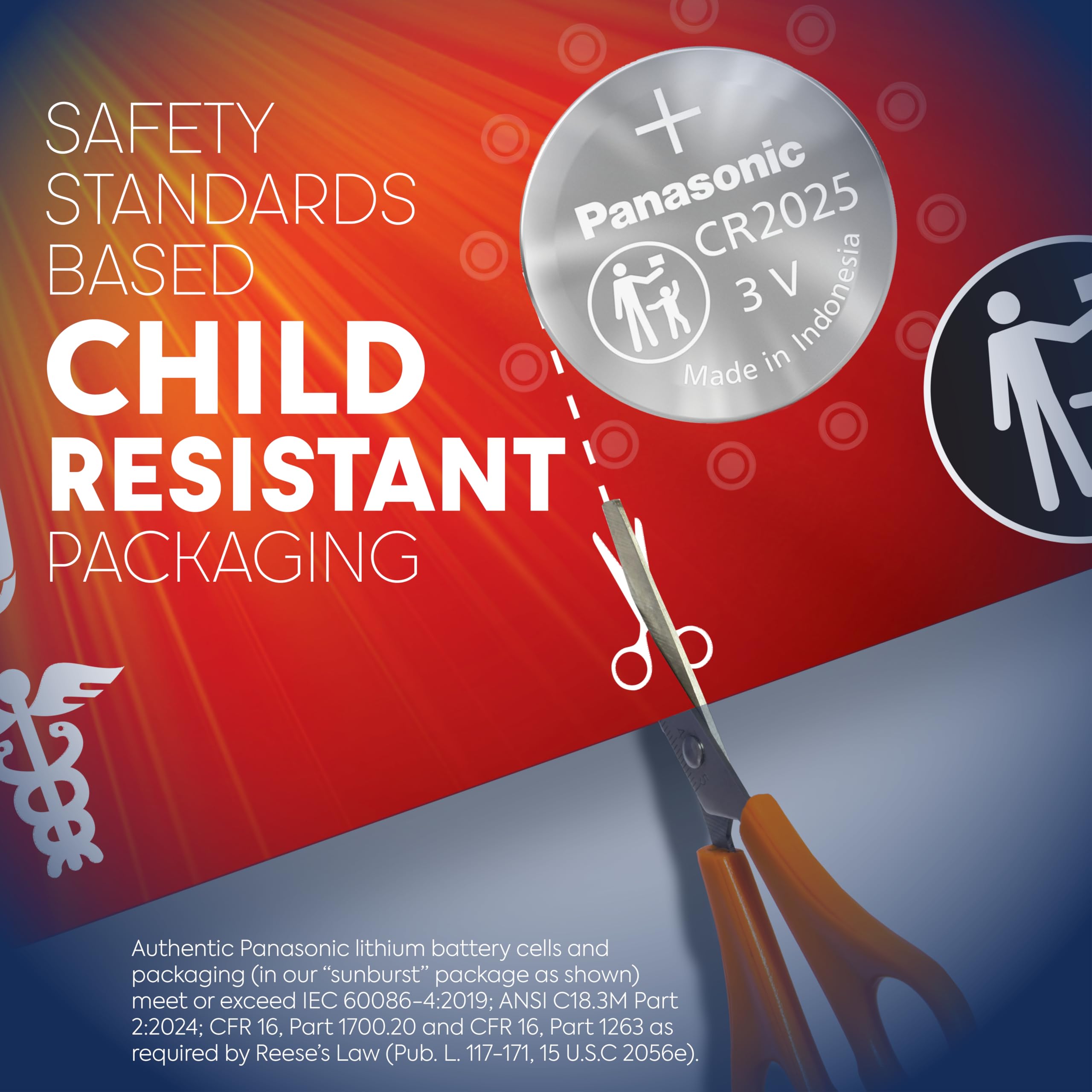 Panasonic Cr2025 3.0 Volt Long Lasting Lithium Coin Cell Batteries In Child Resistant, Standards Based Packaging, 4 Pack