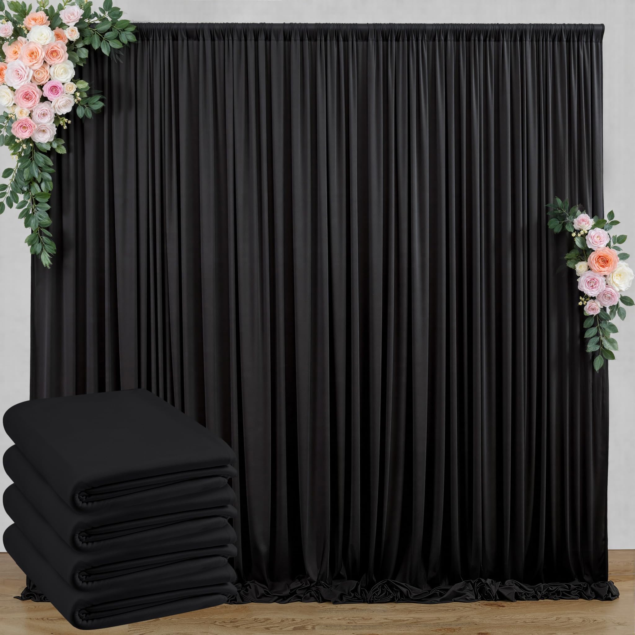 20 ft x 10 ft Wrinkle Free Black Backdrop Curtain for Parties, 4 Panels 10ft Polyester Black Photo Backdrop Drapes for Graduatio
