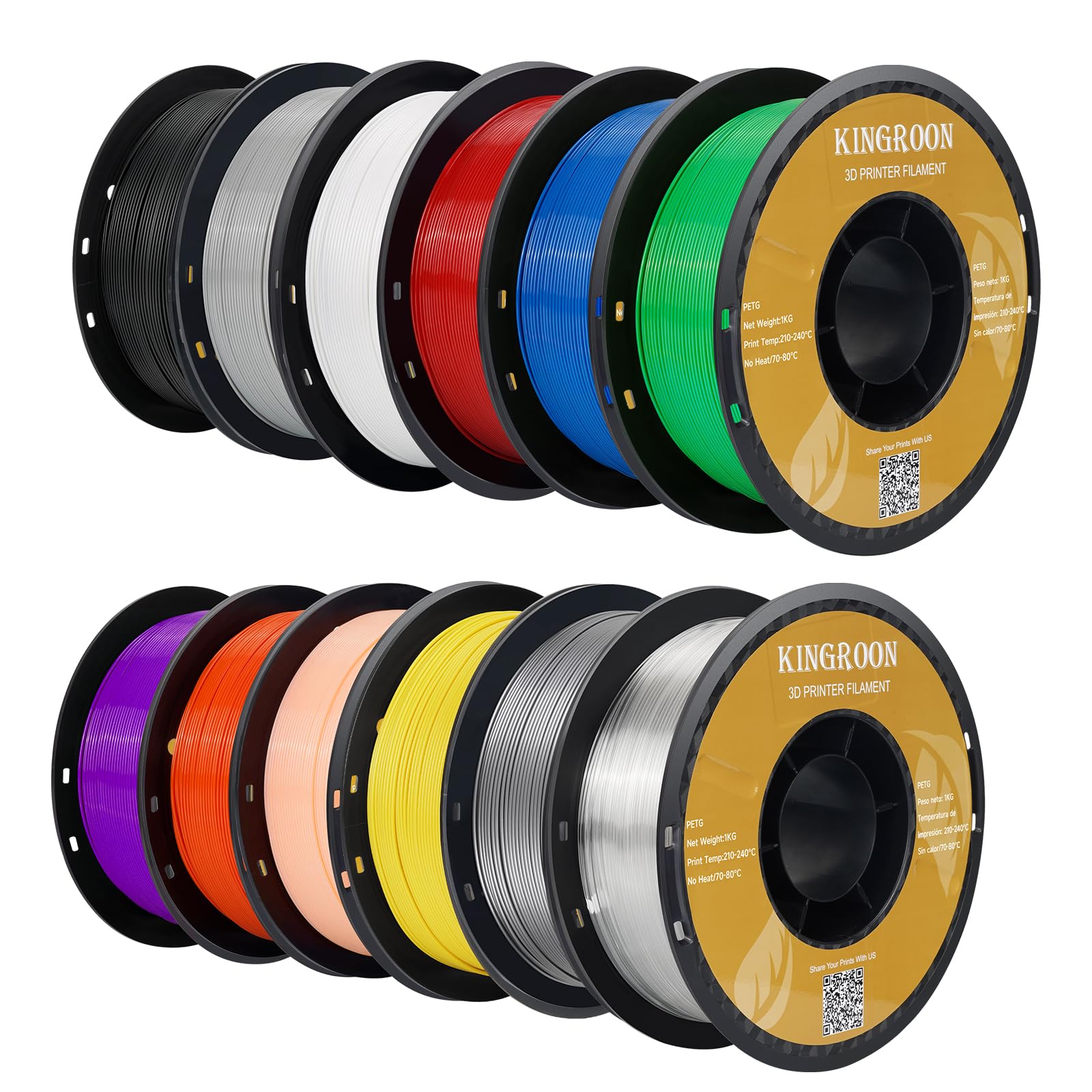 Kingroon 3D Printer Filament,12 Rolls PETG Filament, Dimensional Accuracy +/- 0.03 mm, 12kg(26.5lbs),1.75 mm PETG,Black+White+Gr