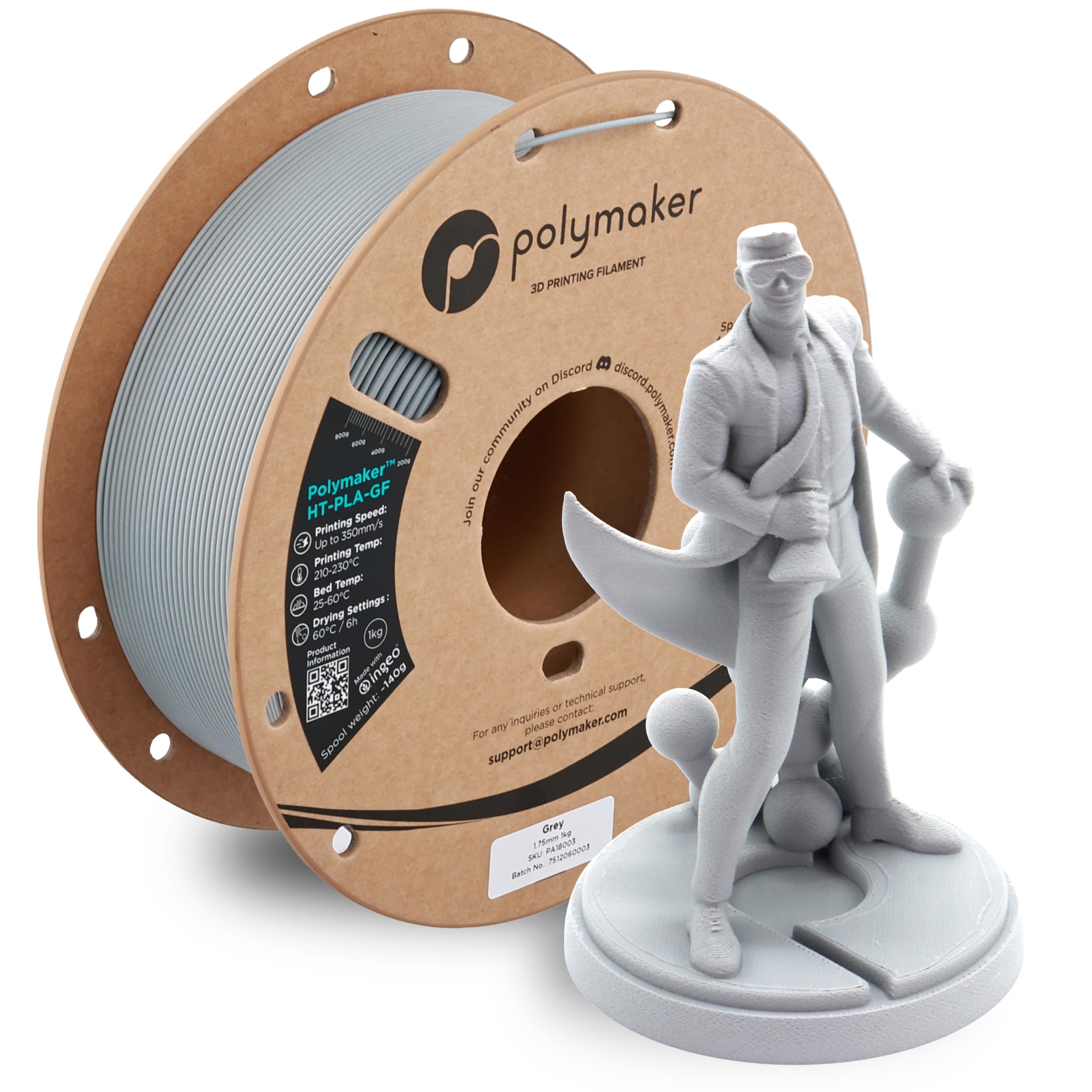 Polymaker HT-PLA-GF Filament 1.75mm Grey, High Temp PLA for 3D Printing, Heat Resistant to 150C, Easy to Print, Easy to Anneal, 