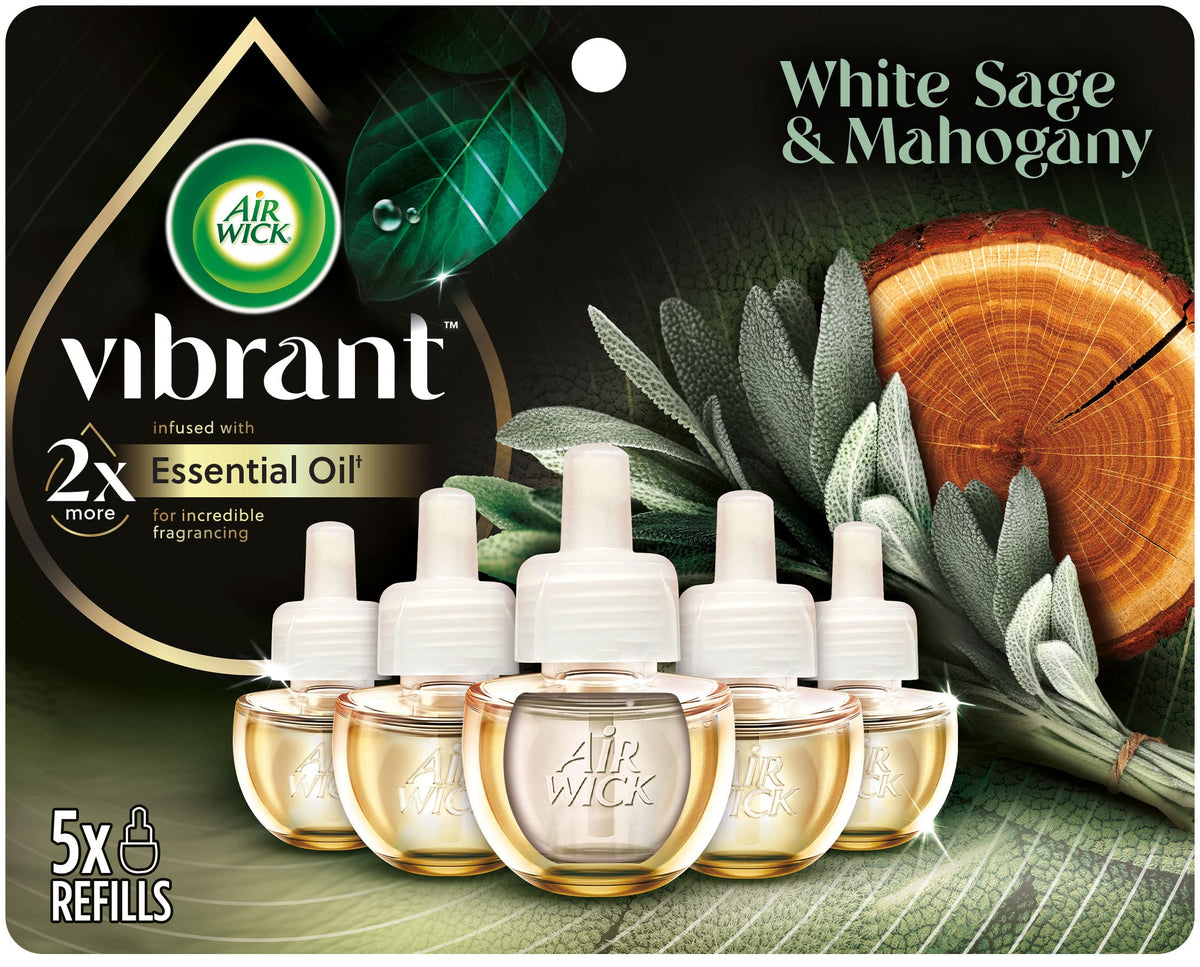 Air Wick Plug In Scented Oil Refill, 5Ct, White Sage & Mahogany, Air Freshener, Essential Oils