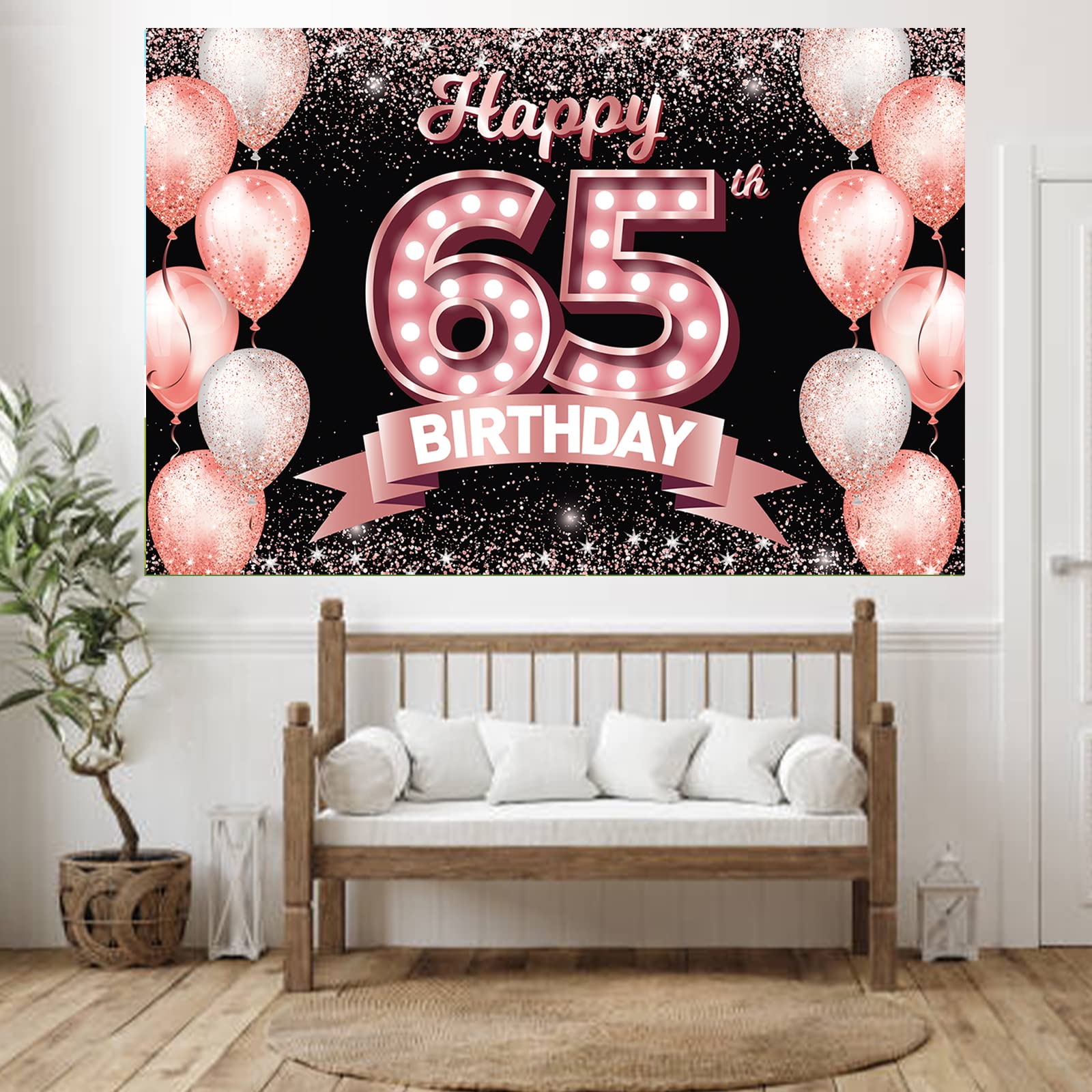 Happy 65Th Birthday Rose Gold Banner Backdrop Cheers To 65 Years Old Confetti Balloons Theme Decor Decorations For Women 65 Year