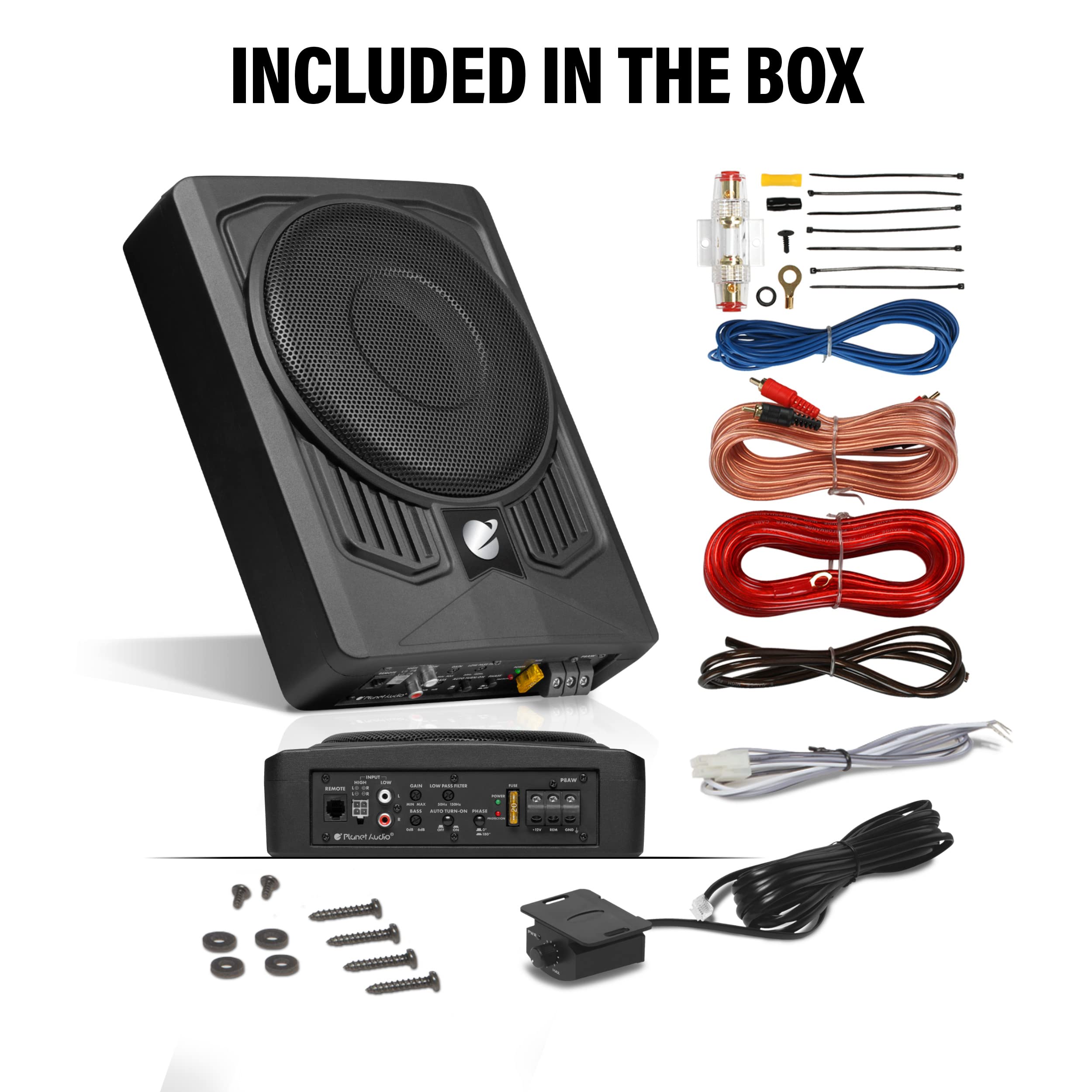 Planet Audio P8Awk Low Profile 8 Inch Under Seat Powered Car Subwoofer   800 High Output, Built In Amplifier, For Truck, Boxes A