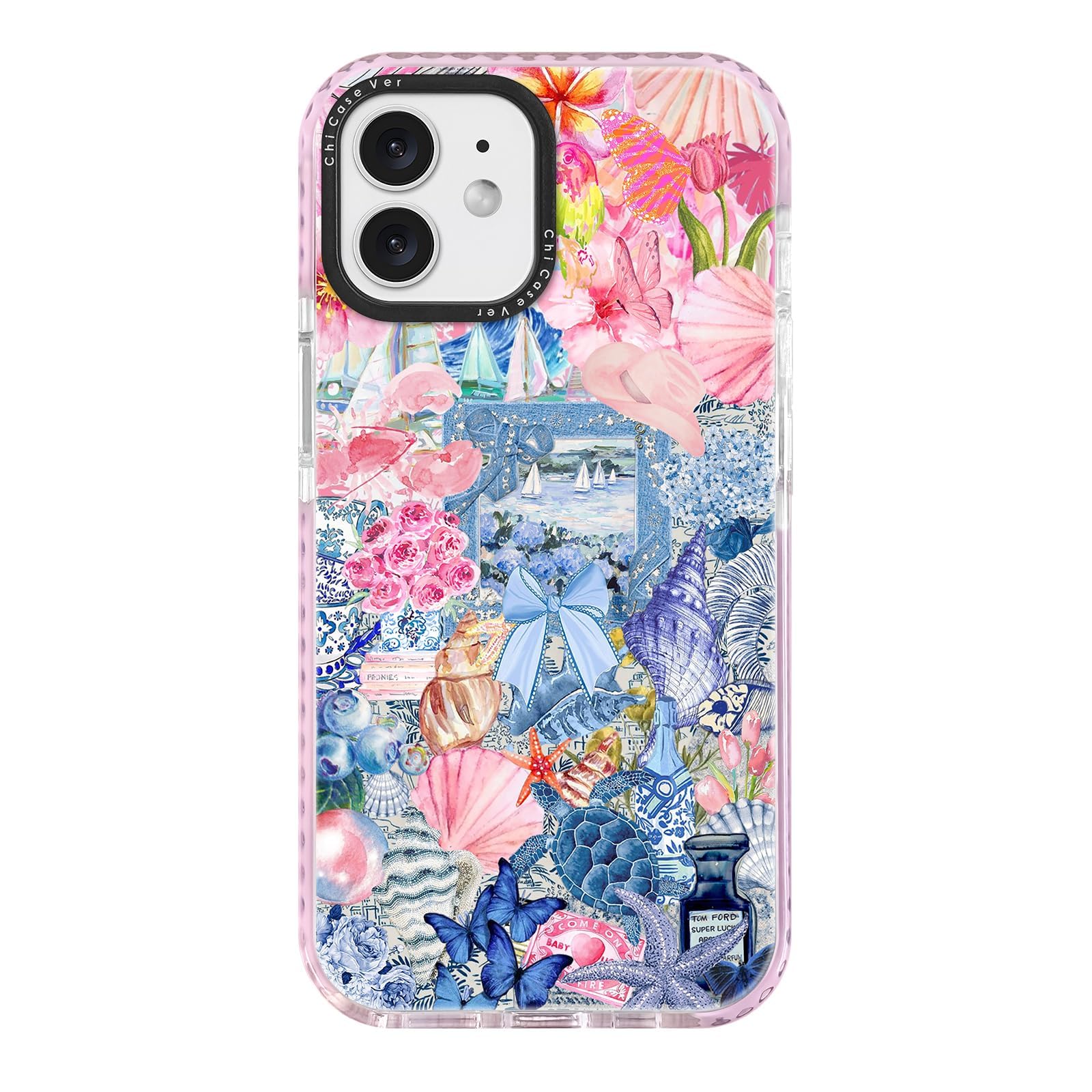 ChiCaseVer for iPhone 12 Case,Vintage Coastal Collage with Floral,Turtle,Shells&Sailboat Pattern,Military-Grade Drop Protection,