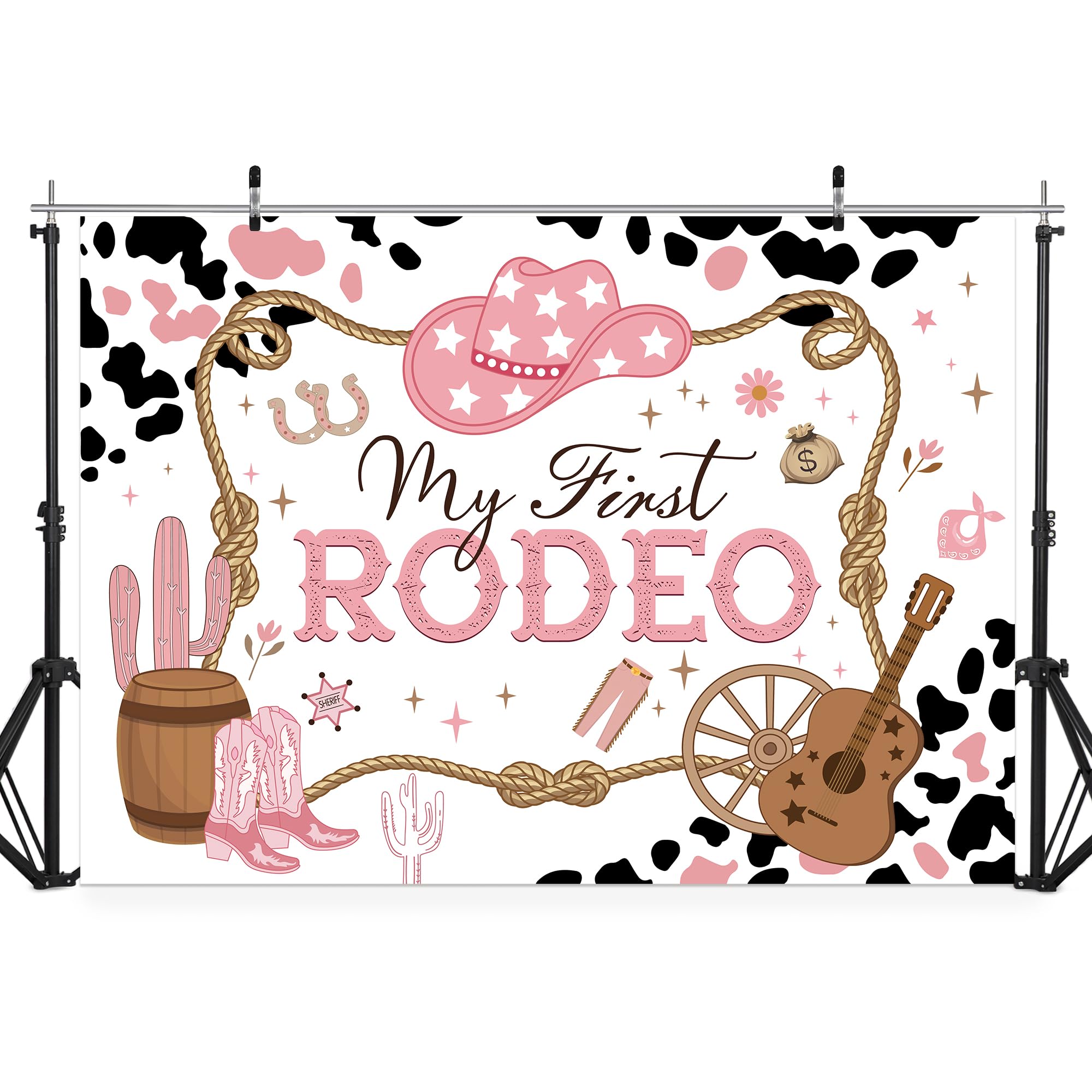 Riyidecor Cowgirl First Rodeo Birthday Backdrop, Western First Birthday Backdrop Banner, Cow Print Pink Wild West Cactus 7X5 Fee