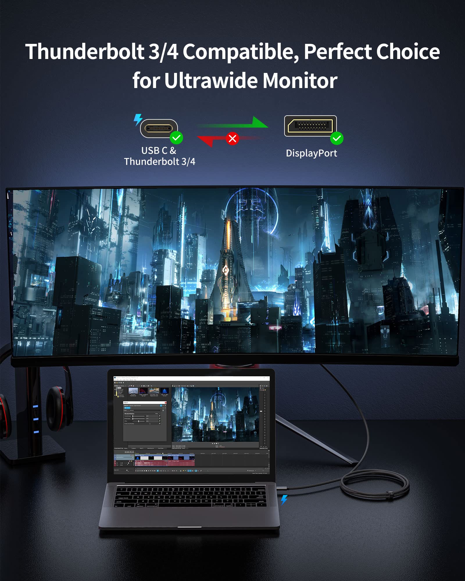 Silkland Usb C To Displayport 1.4 Cable 10Ft, Thunderbolt 3/4 To Dp [8K@60Hz, 4K@144Hz, 2K@240Hz], 5K Hbr3 Type C To Dp Cable,With Macbook Pro M1 M2,Mac Mini