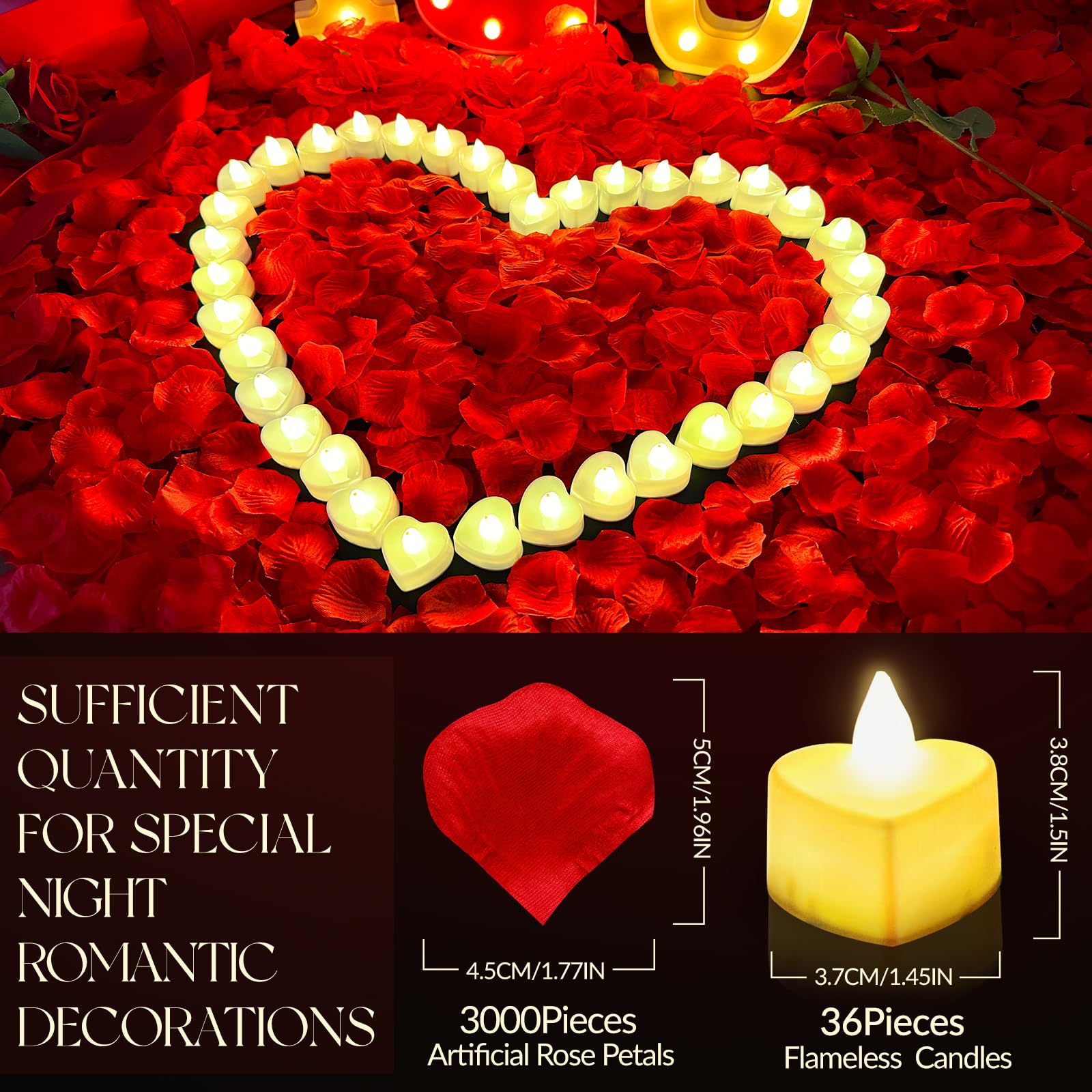 3000Pcs Red Rose Petals With 36Pcs Led Tea Lights Candles, Romantic Gifts For Her