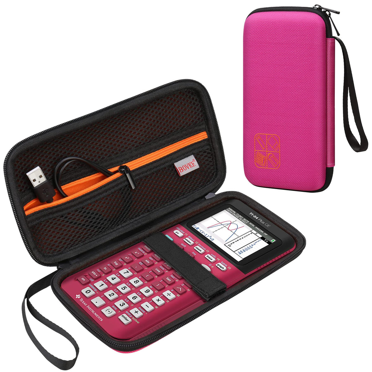 BOVKE Hard Graphing Calculator Carrying Case Replacement for Texas Instruments TI-84 Plus CE/TI-83 Plus CE/Casio fx-9750GII, Extra Pocket for USB Cables, Manual, Pencil & Other Items, Positively Pink