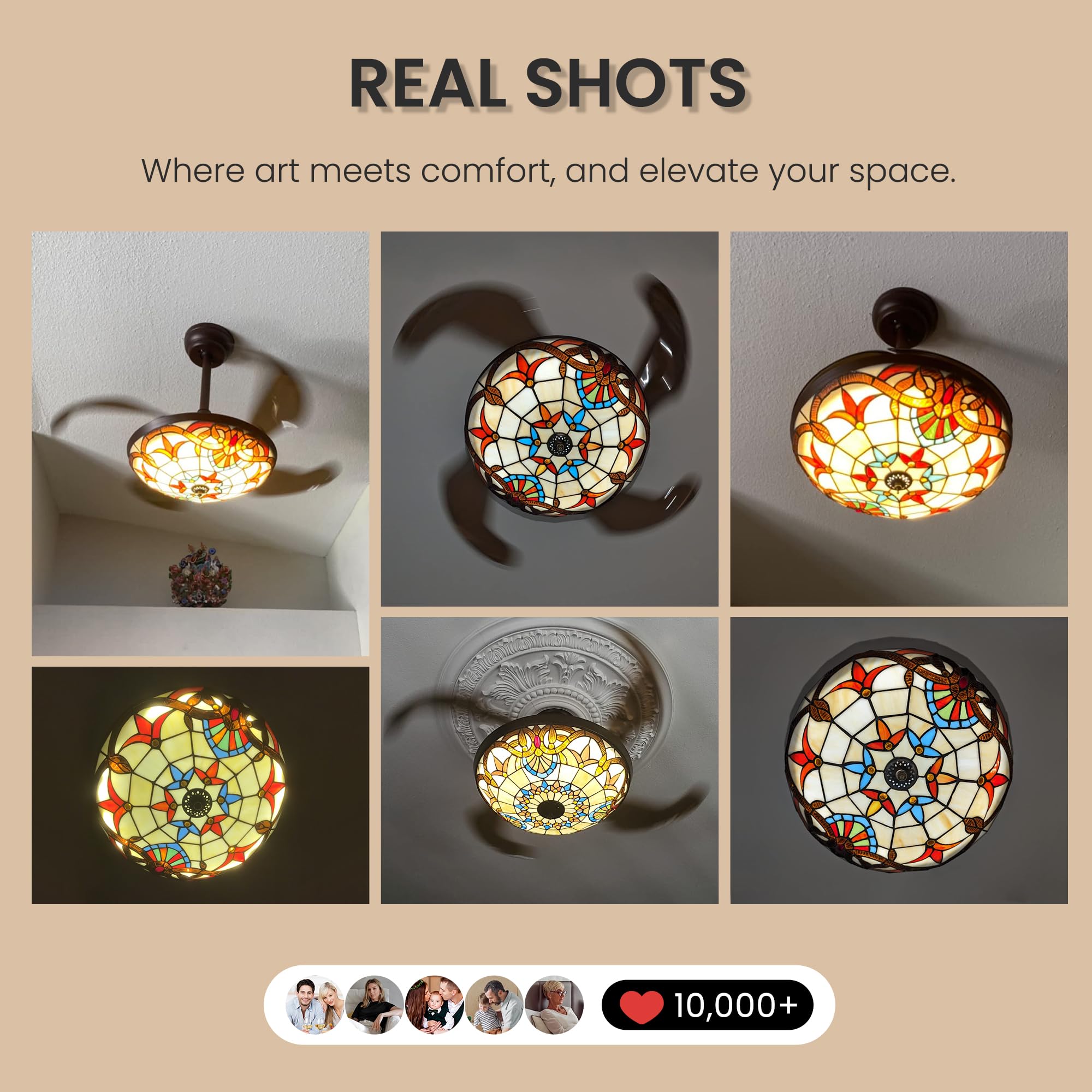 Apbeamlighting 36'' Tiffany Style Ceiling Fan With Lights, Remote Control Led Dimmable Fandelier Fixture With 4 Retractable Reve