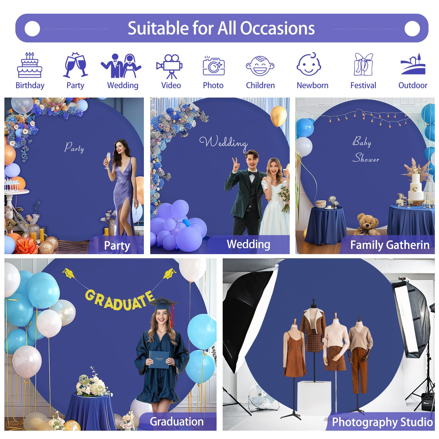 Gallety Navy Blue 7.2Ft Round Backdrop Cover For 5 7.2Ft Circle Stand   Adjustable, Polyester, Wrinkle Resistant, Ideal For Wedd