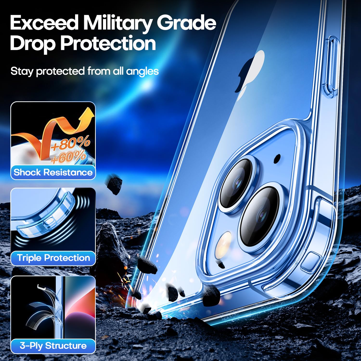 Canshn Clear Designed For Iphone 13/14 Case, [3.0Mm Raised Airbags][Not Yellowing] Shockproof Protective Phone Case Cover With H