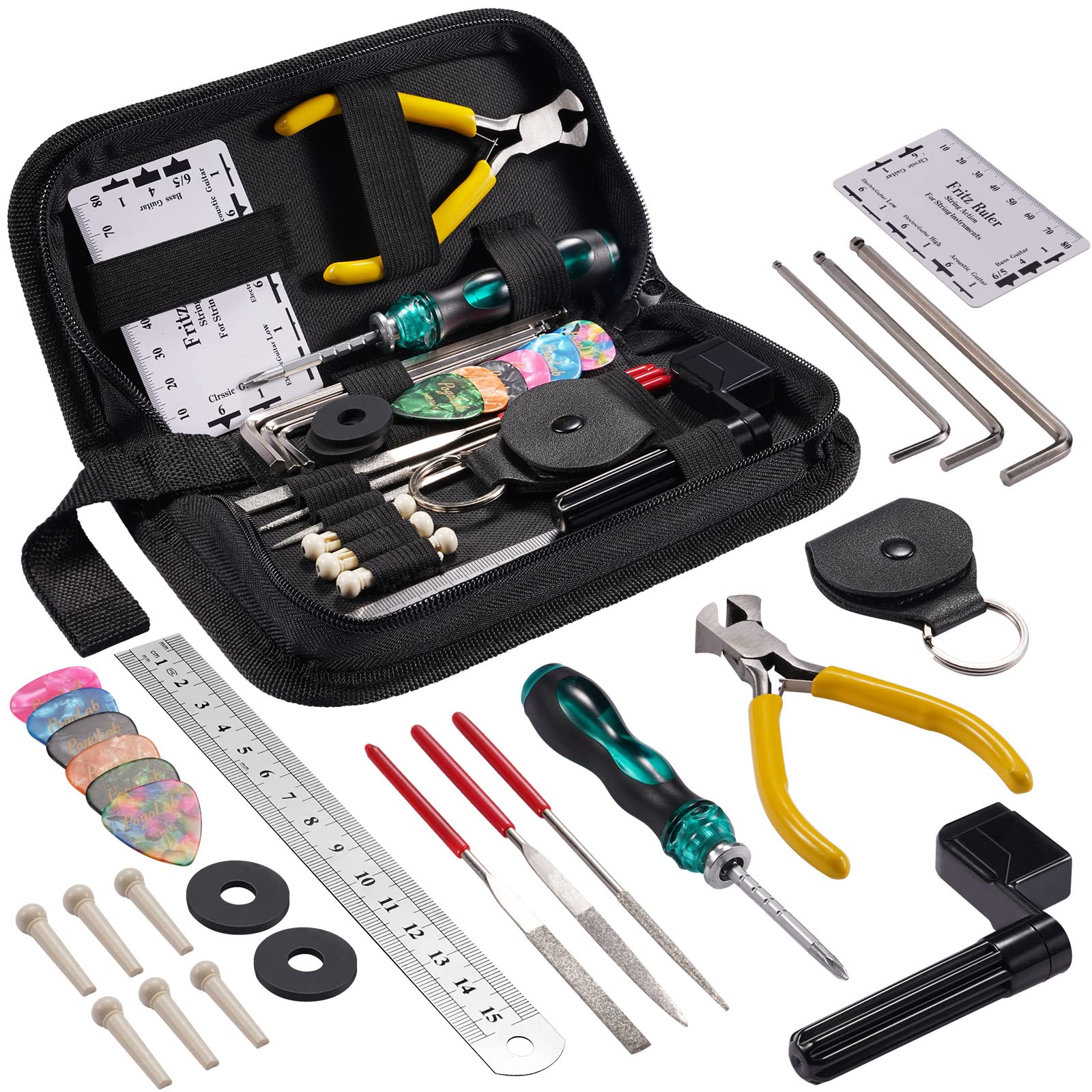 25PCS Acoustic Guitar Accessories Kit, PogoLab Guitar Tool Changing Kit Including Bridge Pins, Bridge Saddle and Nut, Pin Puller