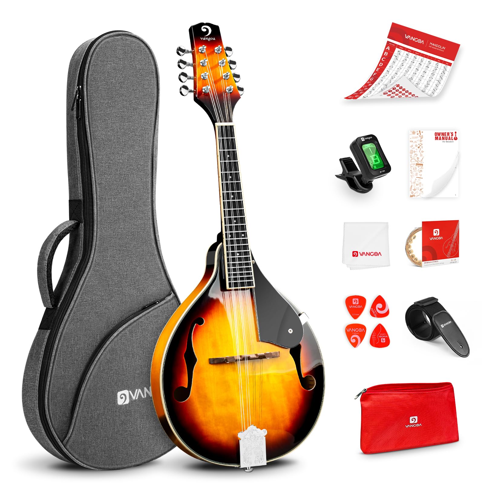 Vangoa Mandolin Musical Instrument A Style, Acoustic Mandolin Instrument Kit Italian 8 String for Professional Beginners Adults 
