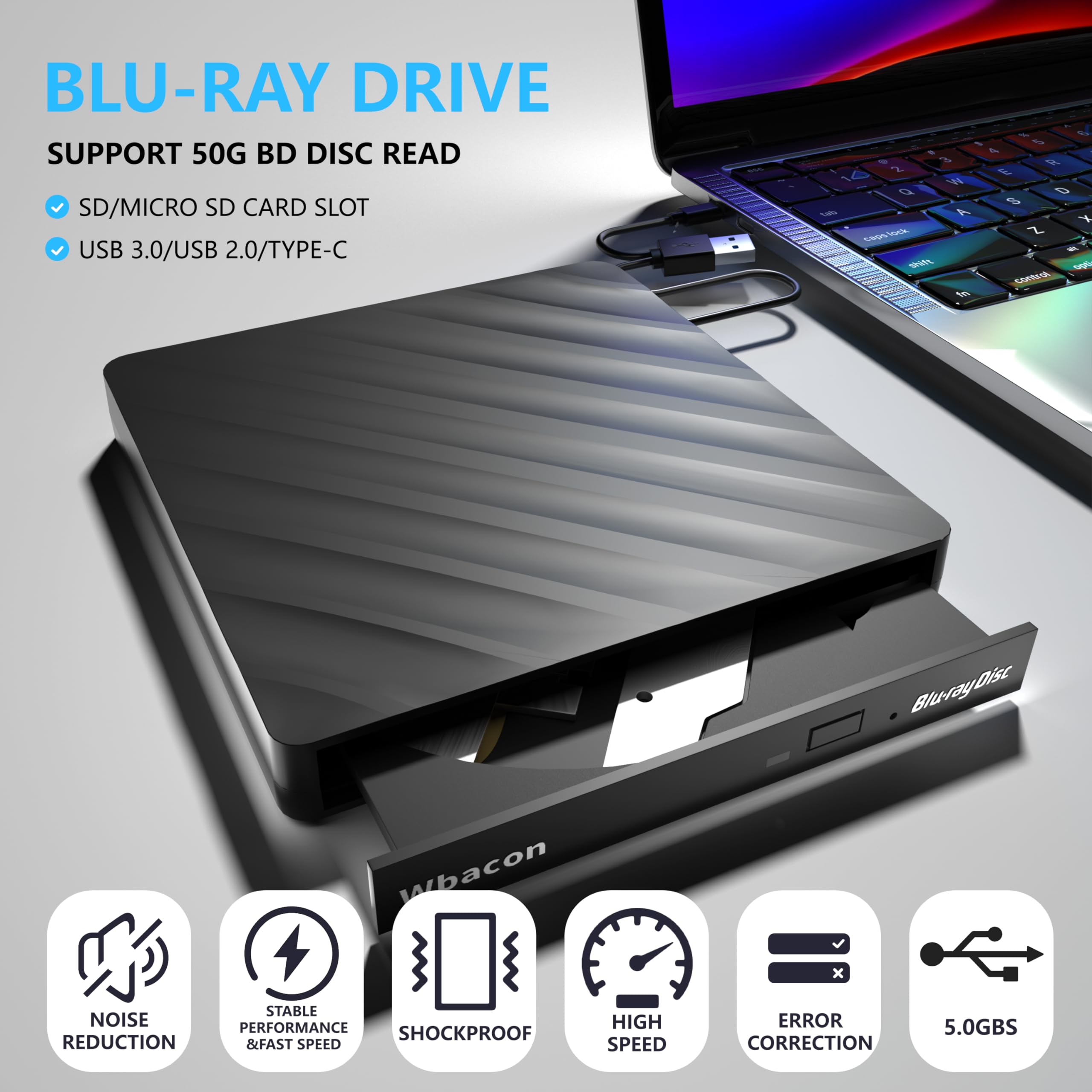 5 In 1 External Blu Ray Drive, Usb 3.0 Type C Slim Optical External Bluray Dvd Burner With Sd/Tf Card Reader 2 Usb 3.0 Hubs Comp
