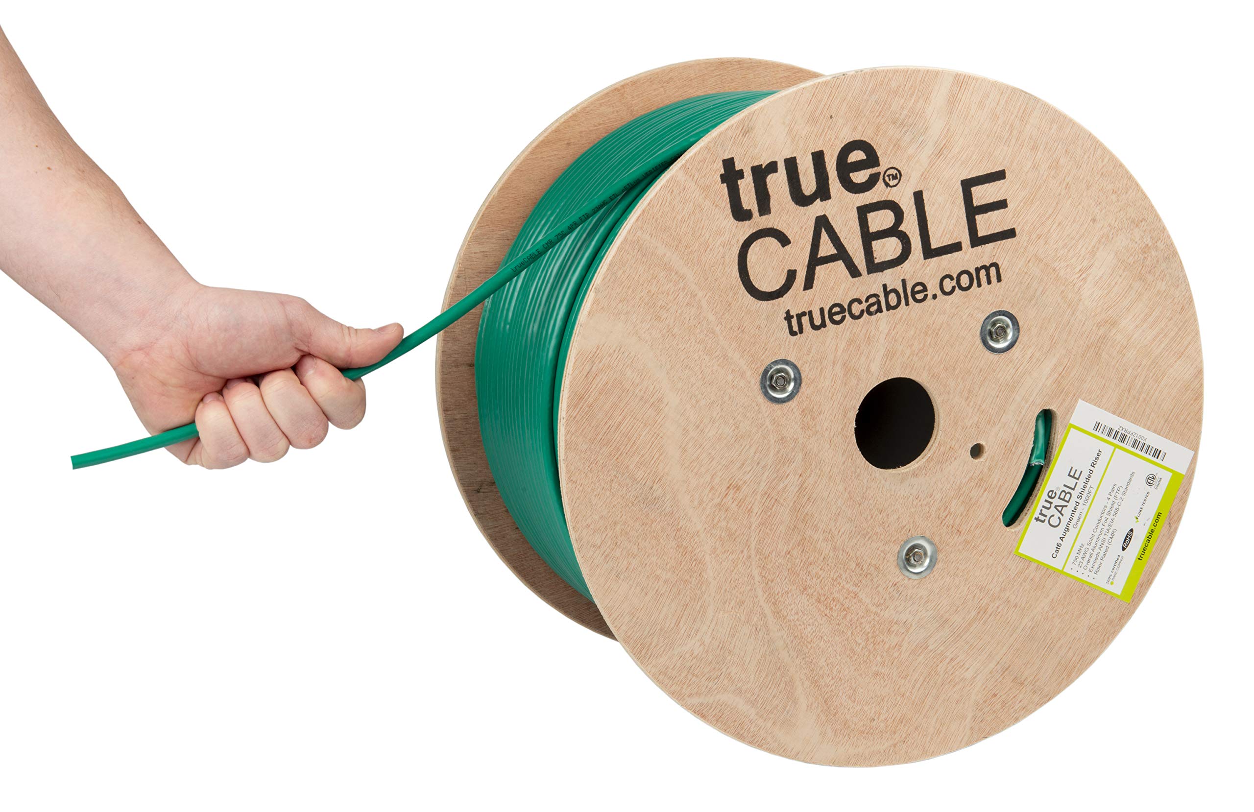 Truecable Cat6A Shielded Riser (Cmr), 1000Ft, Green, 23Awg Solid Bare Copper, 750Mhz, Poe++ (4Ppoe), Etl Listed, Overall Aluminum Foil Shield (F/Utp), Bulk Ethernet Cable