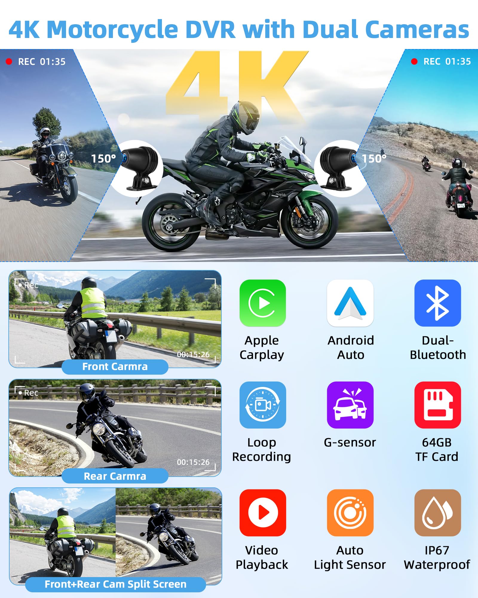 Jelkuz 4K Motorcycle Carplay 6.25 Inch Carplay Motorcycle Screen/Android Auto For Moto Dash Cam With Dual Cameras Gps Navigation
