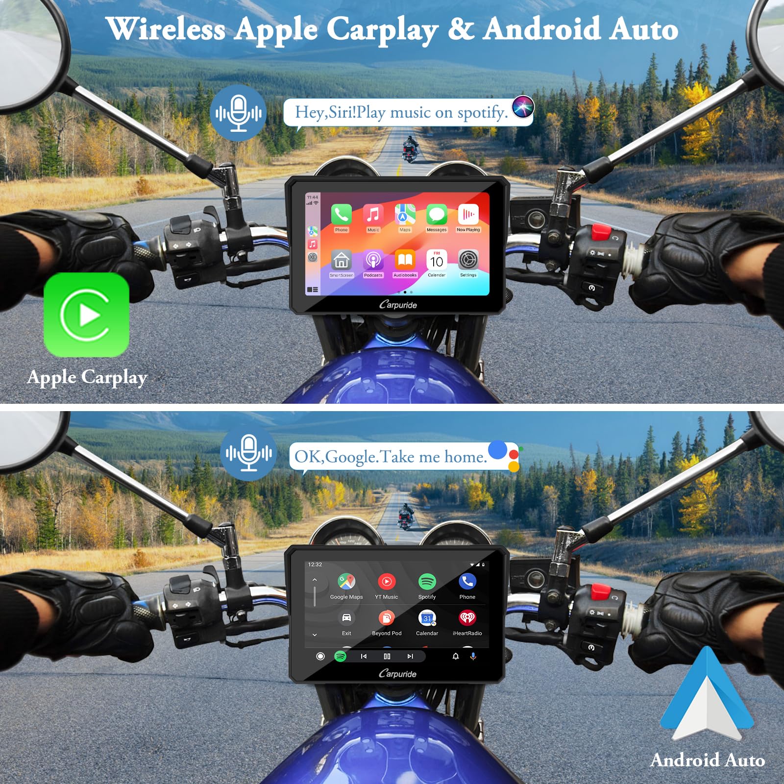 Carpuride W702 For Motorcycle, 7 Inch Waterproof Touchscreen, Portable Carplay/Android Auto Gps Navigation For Motorbike, Support Dual Bluetooth, Car Gps, Siri, G00Gle Assistant, Tf 64G