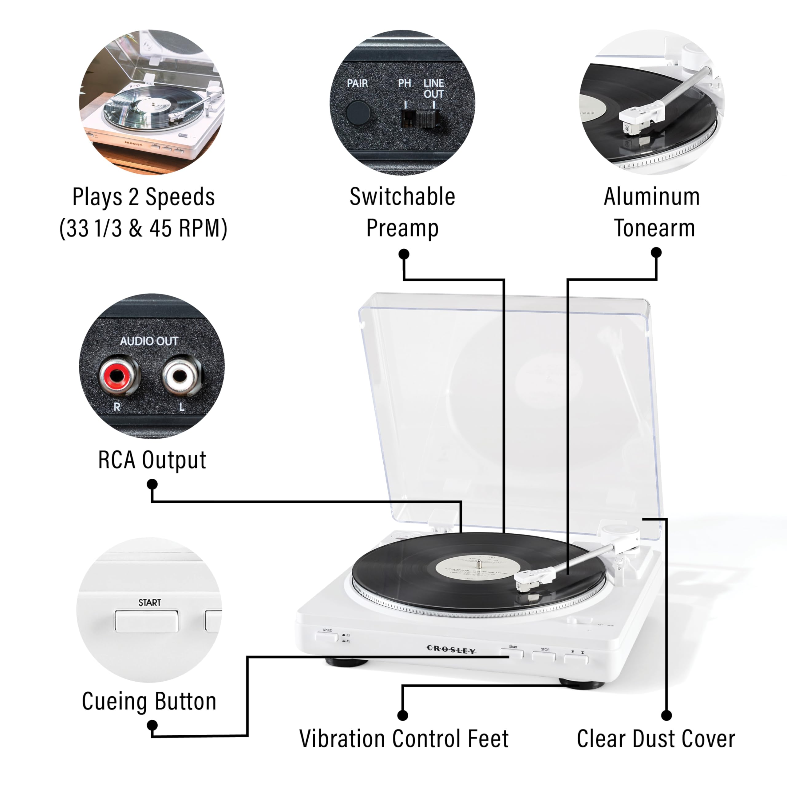 Crosley T400D-Wh Fully Automatic Bluetooth 2-Speed Turntable Record Player With S100A Stereo Speakers, White