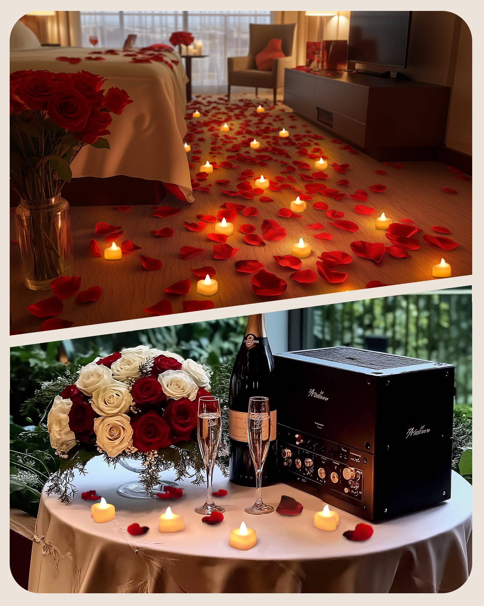 Amagic 1000 Pieces Artificial Rose Petals With 12 Heart Led Tea Lights Candles Kit, Rose Petals And Candles Set For Proposal, An