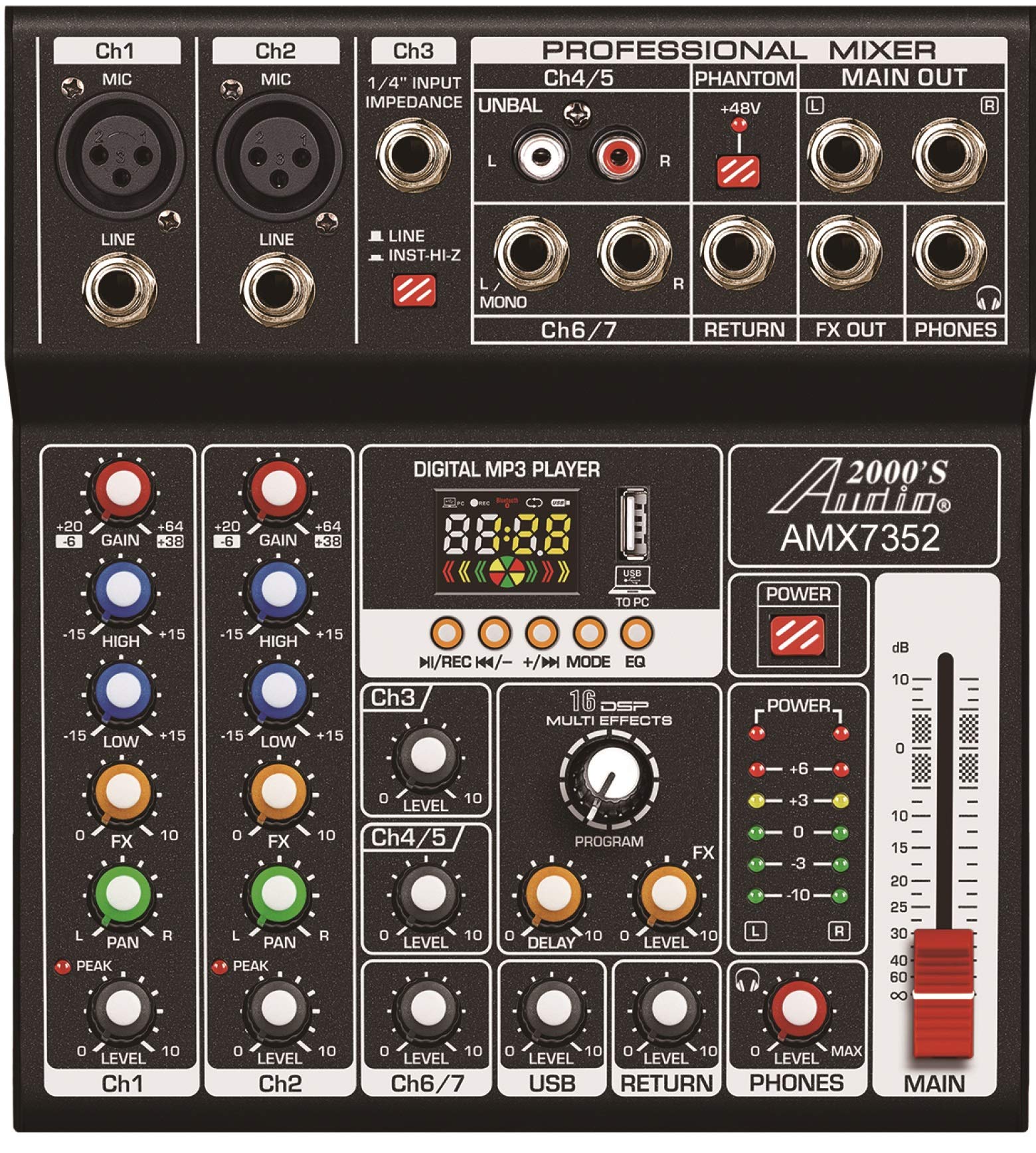 Audio2000'S Amx7352 Seven Channel Audio Mixer With Usb 5V Power Supply, Usb Interface, And Sound Effect