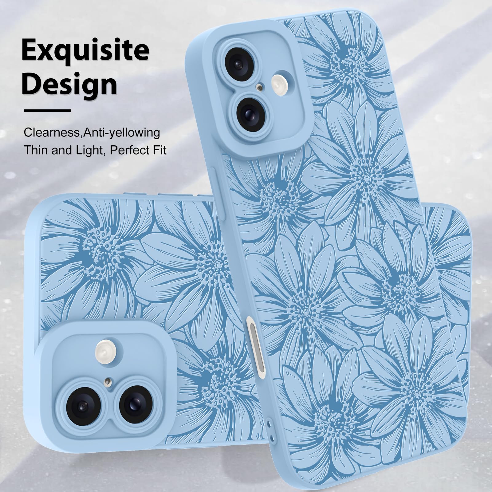 Mzelq For Iphone 16 Plus Case Case, Silicone Black Floral Flowers Sunflowers Cute Pattern, Camera Protection Soft Slim Phone Cas