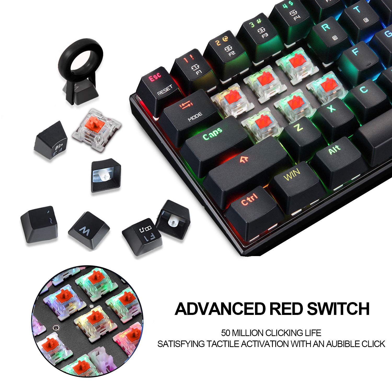 Motospeed 60% Mechanical Keyboard Portable 61 Keys Rgb Led Backlit Type C Usb Wired Office/Gaming Keyboard For Mac, Android, Win