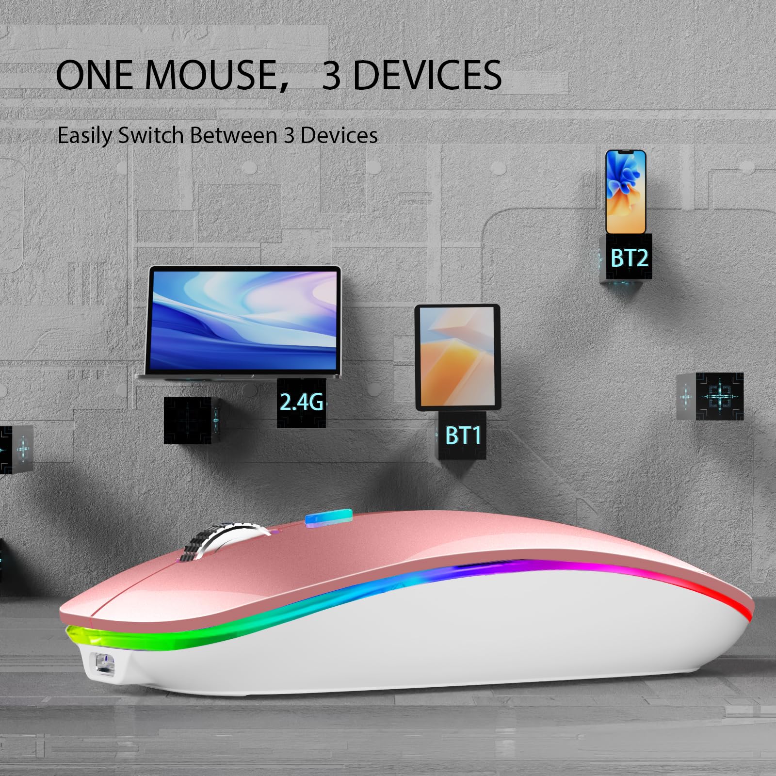 Tenmos Wireless Bluetooth Mouse, Led Slim (Bluetooth 5.1 + Usb) 2.4Ghz Rechargeable Silent Bluetooth Wireless Mouse With Type C Adapter For Laptop/Macbook/Ipad Os 13 And Above (Rose Gold)