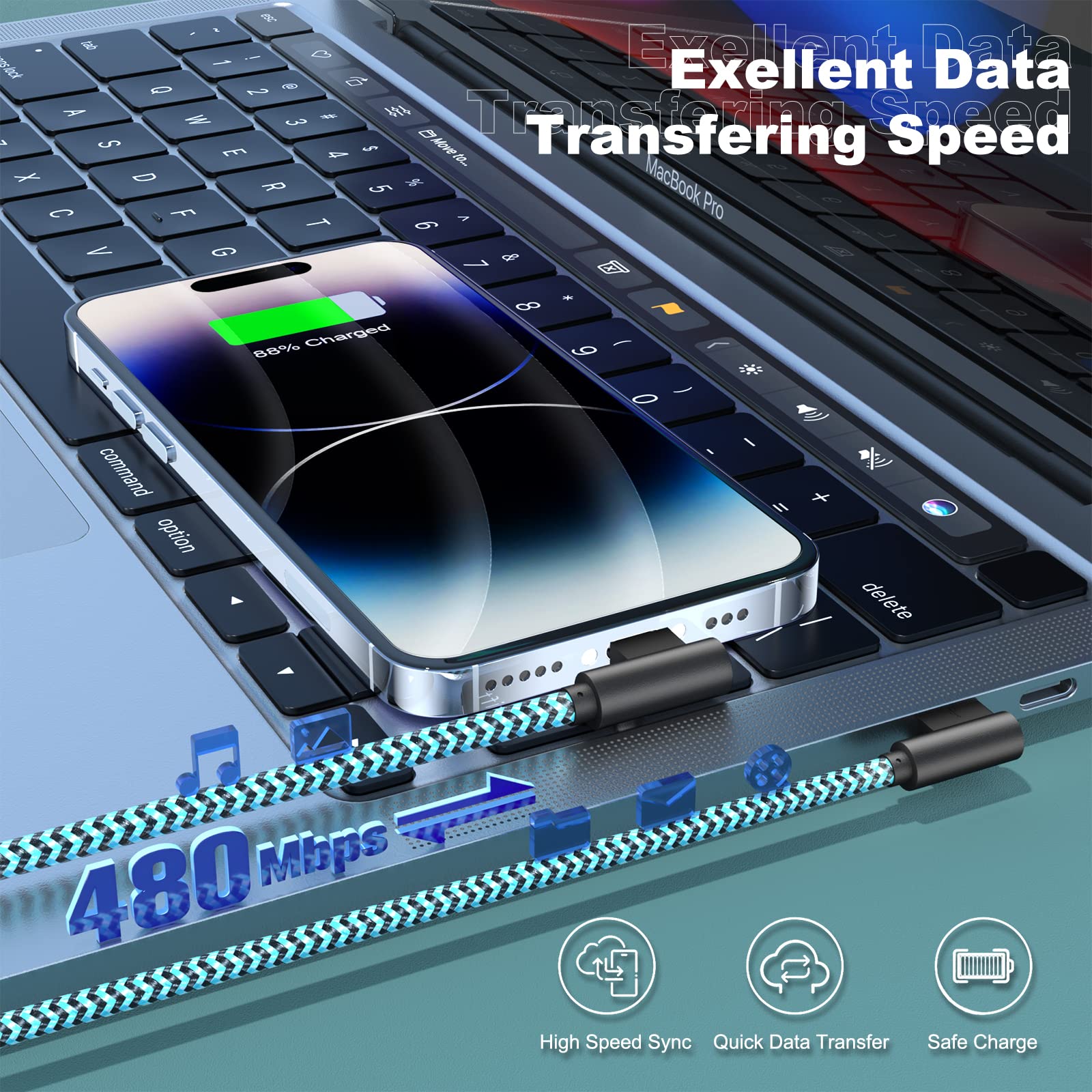 3 Pack Iphone Charger 6Ft [Apple Mfi Certified] Right Angle Lightning Cable Fast Charging Cord, Car Cable For Iphone 14 13 12 11 Pro/Pro Max/Mini/Xs/Xr/8 7 Plus, Ipad, Carplay