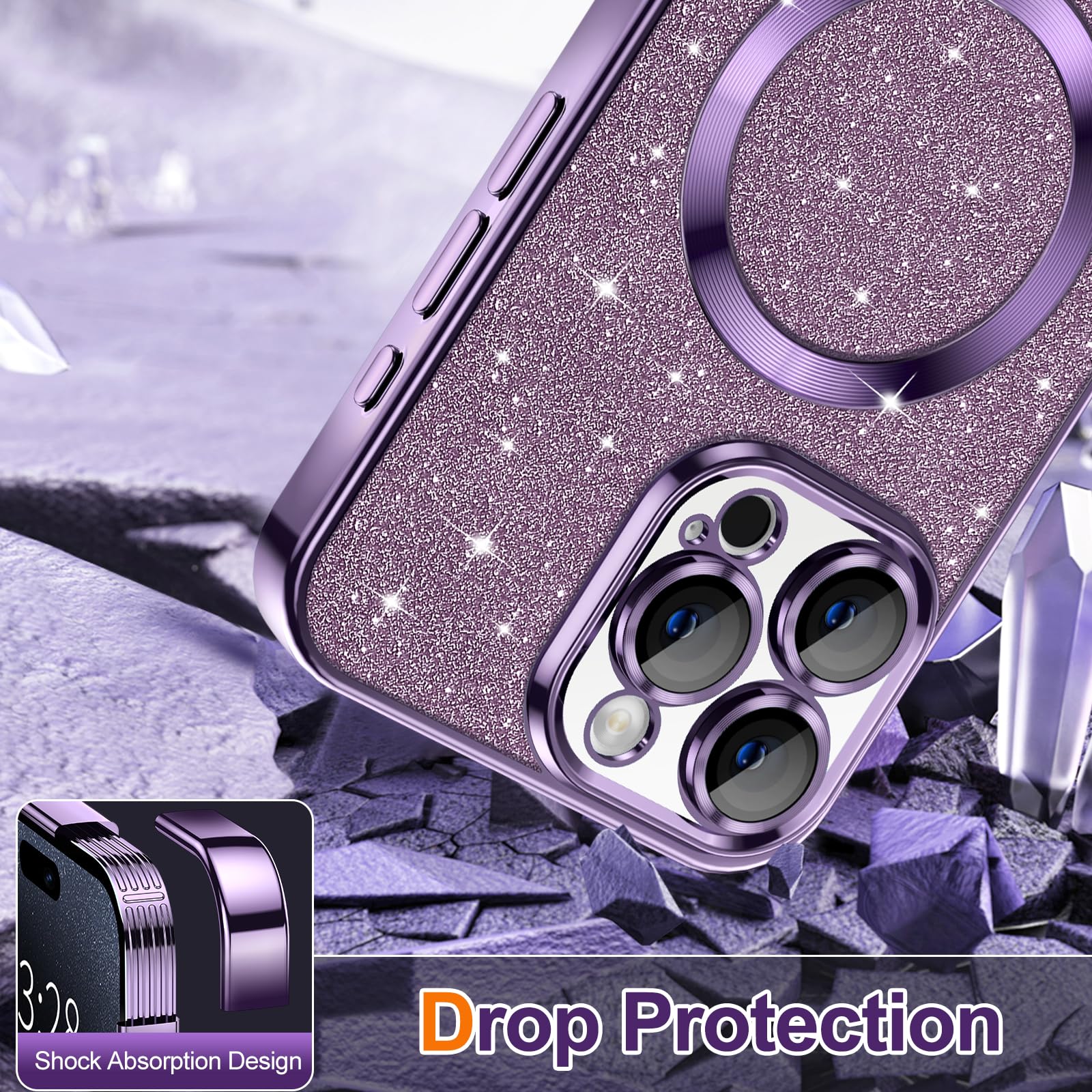 Hython For Iphone 15 Pro Max Case Glitter, Clear Magnetic Phone Cases With Camera Lens Protector [Compatible With Magsafe] Bling