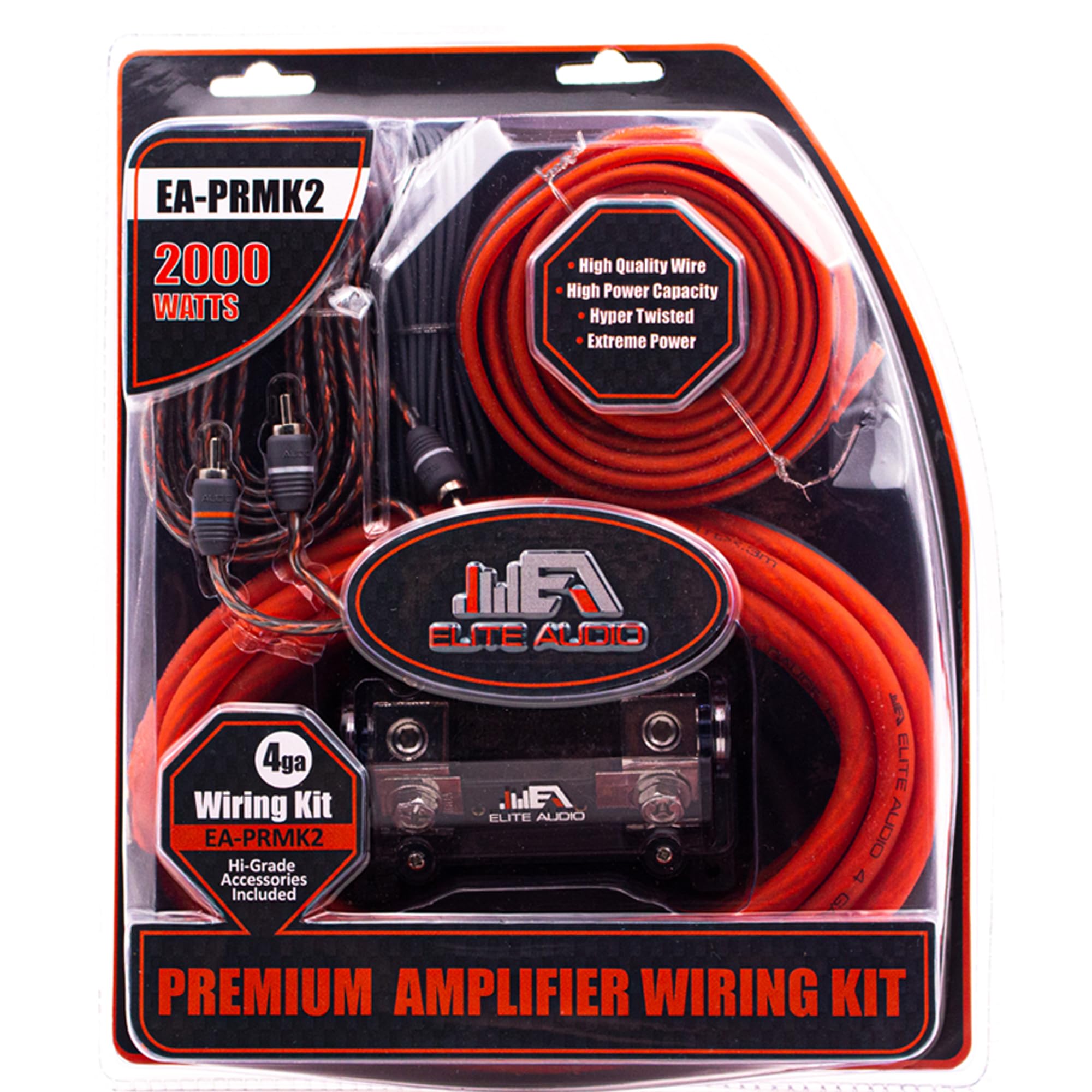 Elite Audio 4-Gauge Amp Kit - 2000W Max, Copper Clad Aluminum, Orange, Model EA-PRMK2, with Mini-ANL Fuse Holder