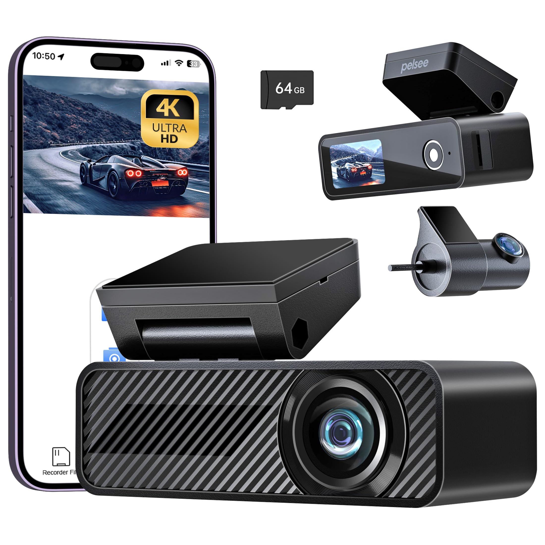 4K Dash Cam Front And Rear, 64Gb Sd Card, Pelsee 4K+1080P Dual Dash Camera For Cars, Wi Fi & App Control, 1.5Ips Display Car Cam