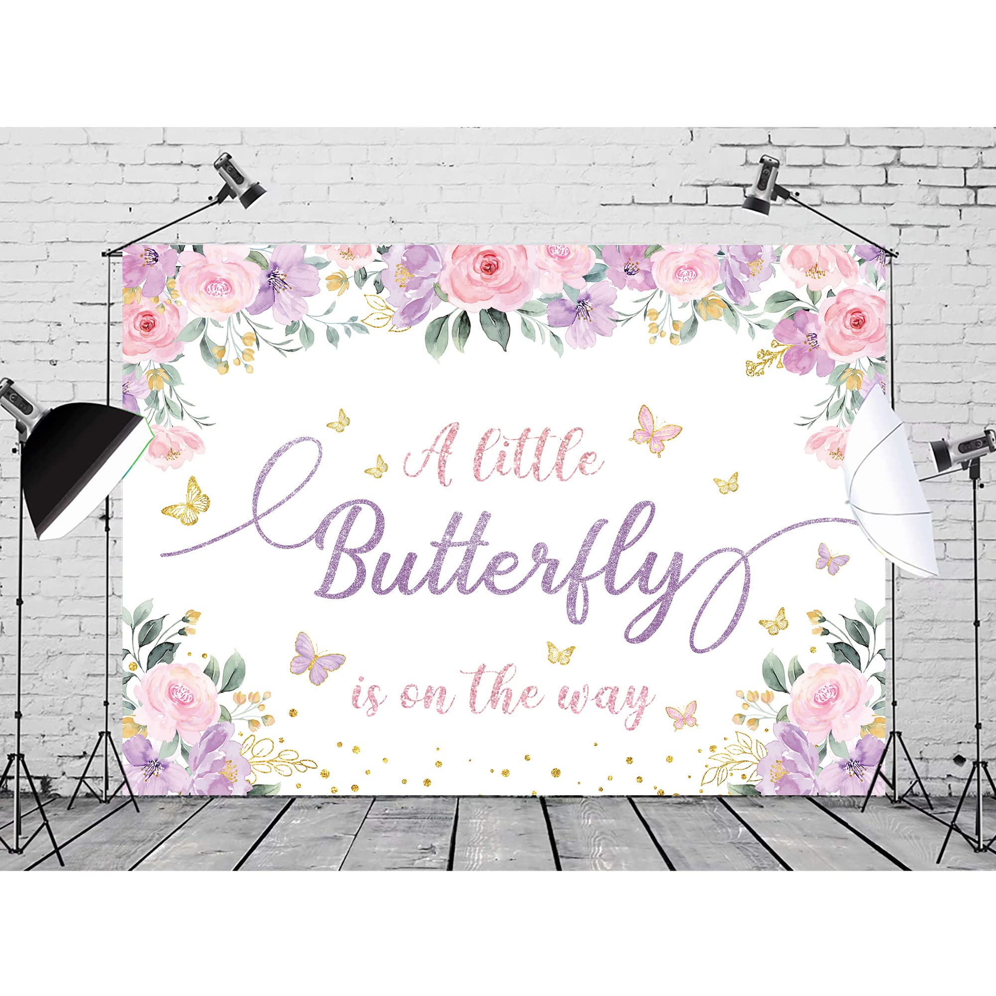 Svbright Butterfly Baby Shower Decorations Backdrop For Girl 7Wx5H A Little Butterfly Is On The Way Pink Purple Flowers Girls Pr