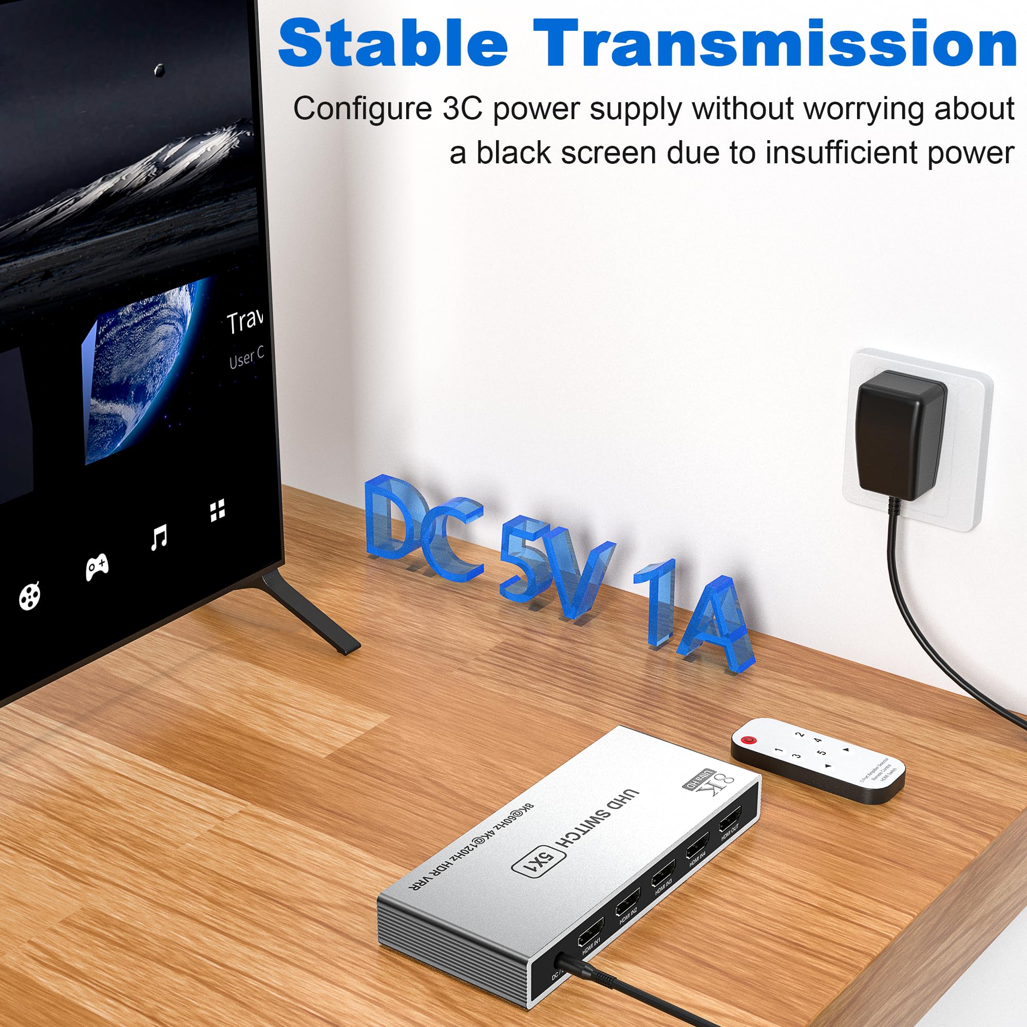 8K Hdmi Splitter 5 In 1 Out Hdmi Switch Splitter, 8K@60Hz/4K@120Hz Hdmi Switch Box Port Expander With Remote 5 Port Hdmi Switche