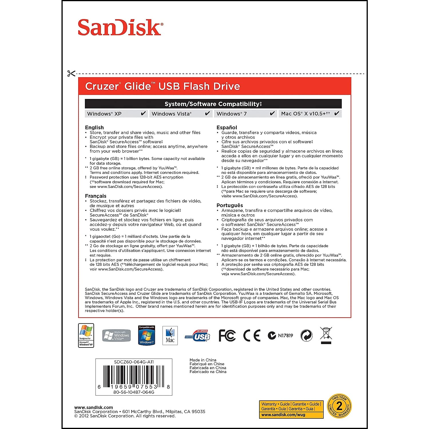 Sandisk Cruzer Glide 128Gb Usb 2.0 Flash Drive Sdcz60 128G A46