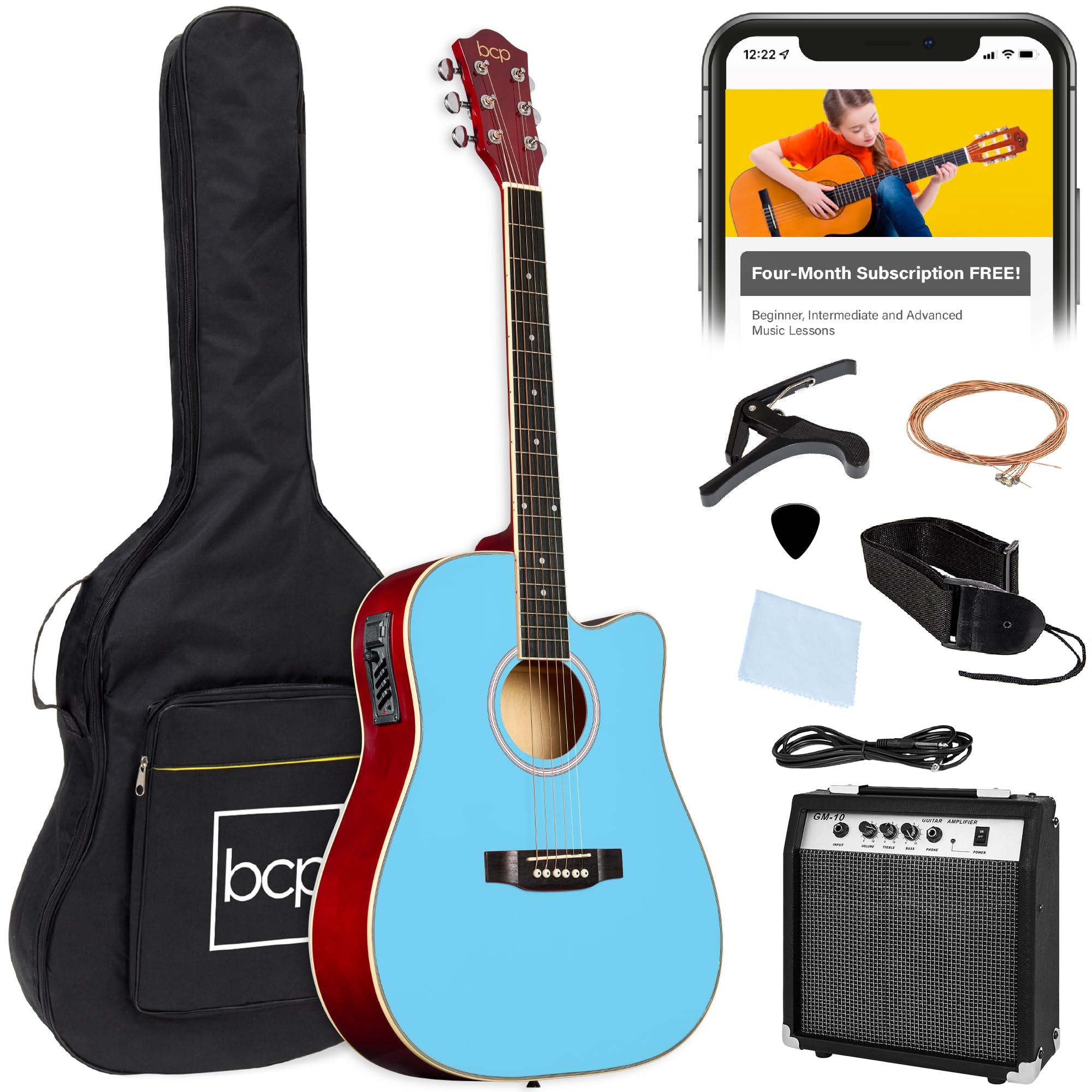 Best Choice Products Beginner Acoustic Electric Guitar Starter Set w/ 41in, All Wood Cutaway Design, Gig Bag, Strap, Picks - Sky