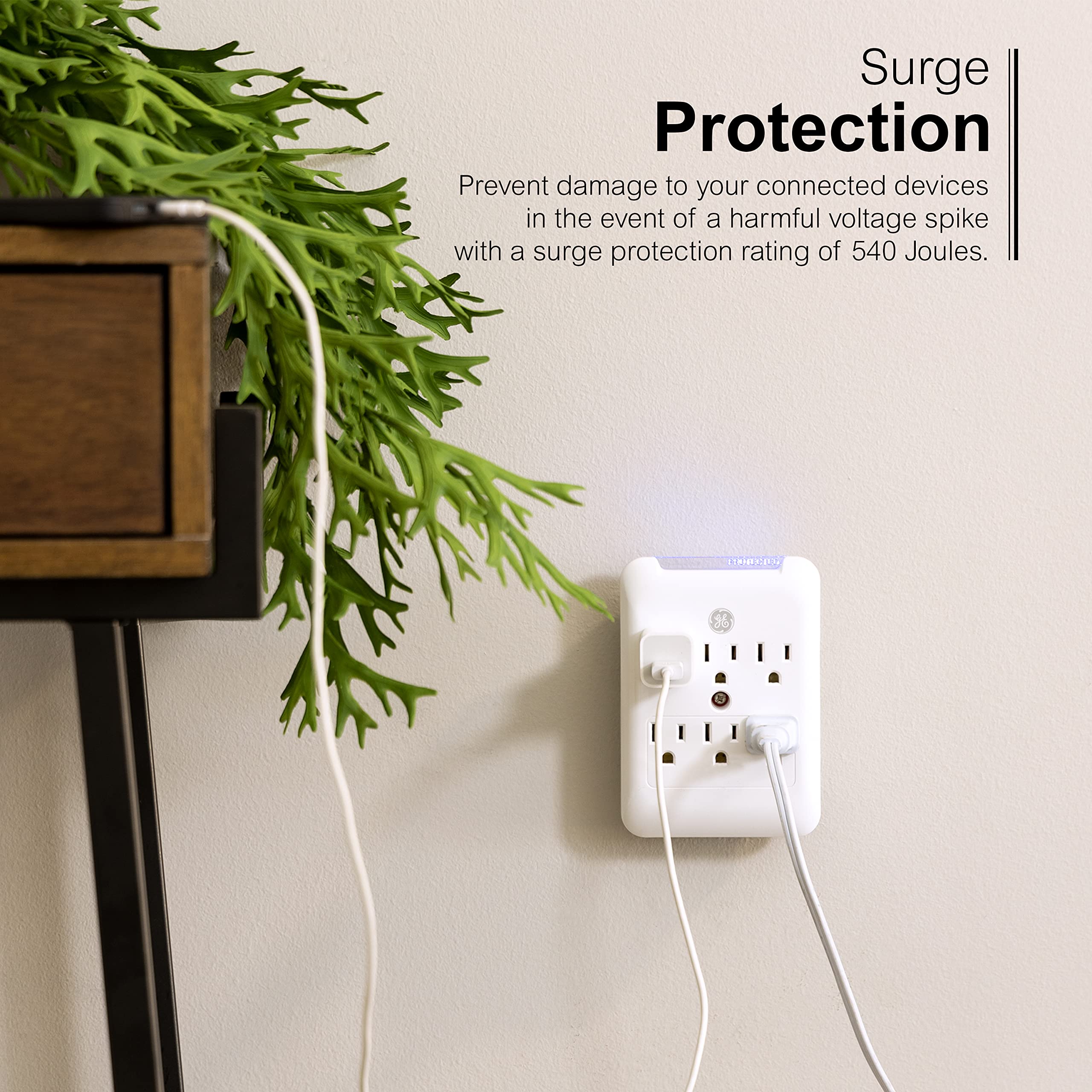Ge Pro 6 Outlet Extender, Surge Protector, Charging Station Wall Tap, Protected Indicator Led, 3 Prong, 540 Joules, Warranty, Ul