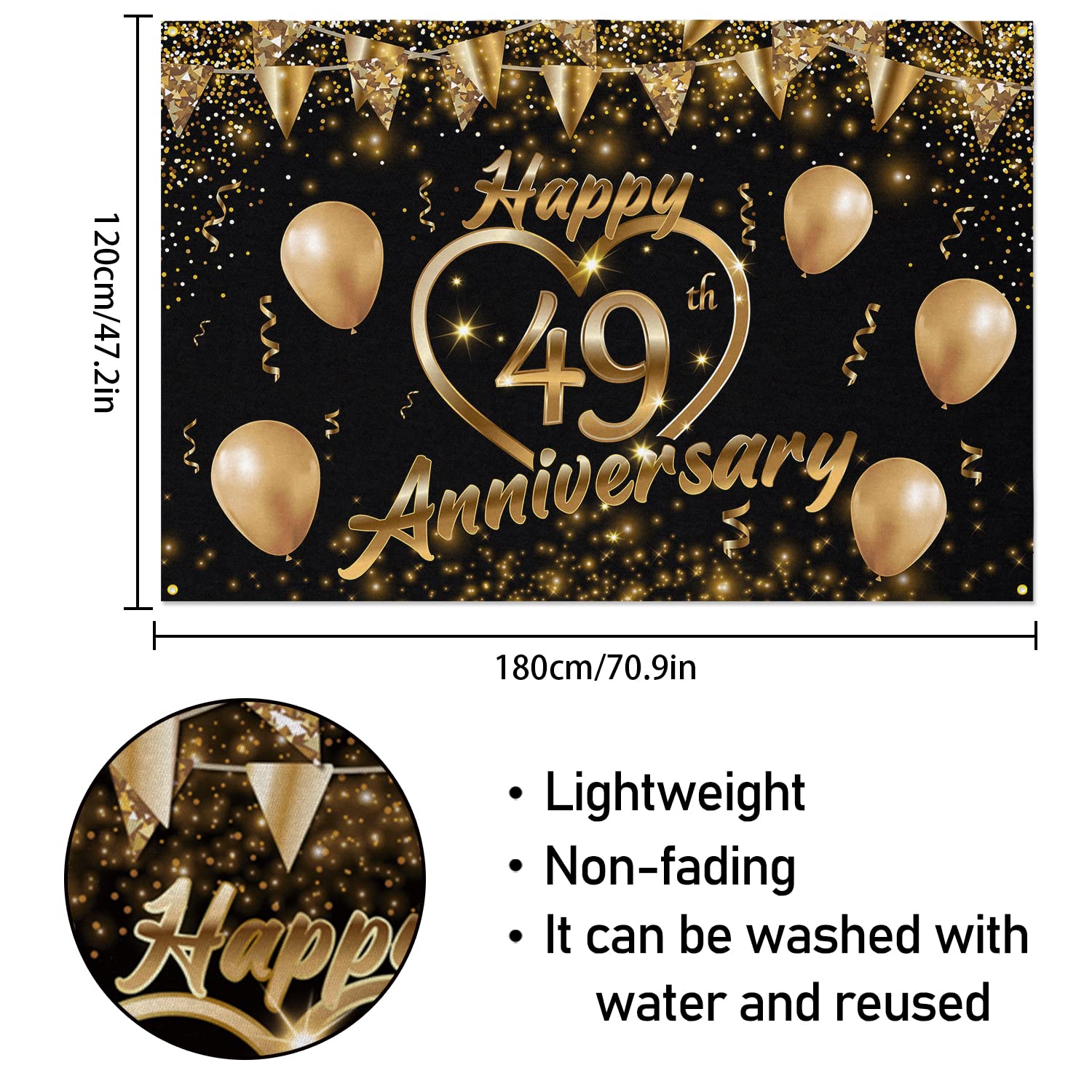 Happy 49Th Anniversary Backdrop Banner Decor Black Gold   Glitter Love Heart Happy 49 Years Wedding Anniversary Party Theme Deco